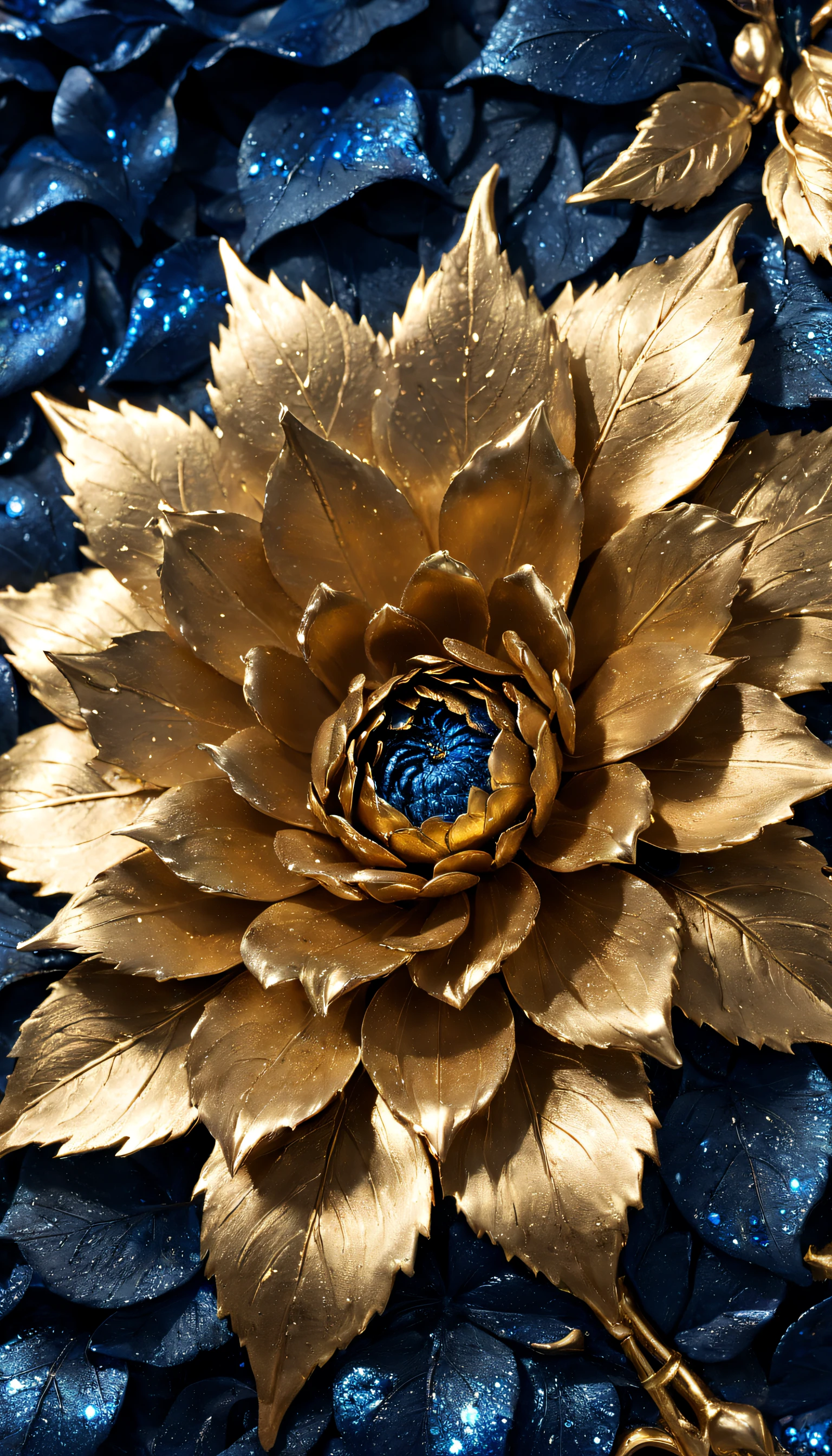 (Titanium alloy lotus）, Each metallic daisy flower has cascading petals，they are dark blue，Like the night sky and the deep sea，Attractive gold and blue shine，leaves made of black gold，The edges of the petals are brushed metal, (The large dewdrops on the edge of the petals are about to fall)，Rich metallic texture，Transparent dew，Golden lotus,Golden sunflower， flowers and gold, Gorgeous flowers,intricate flowers, Messy golden leaf flowers, 16k,Rococo elements, Capturing light and shadow，Gives people a beautiful spirit of strength and softness ,
Background with：Partial underwater reflection