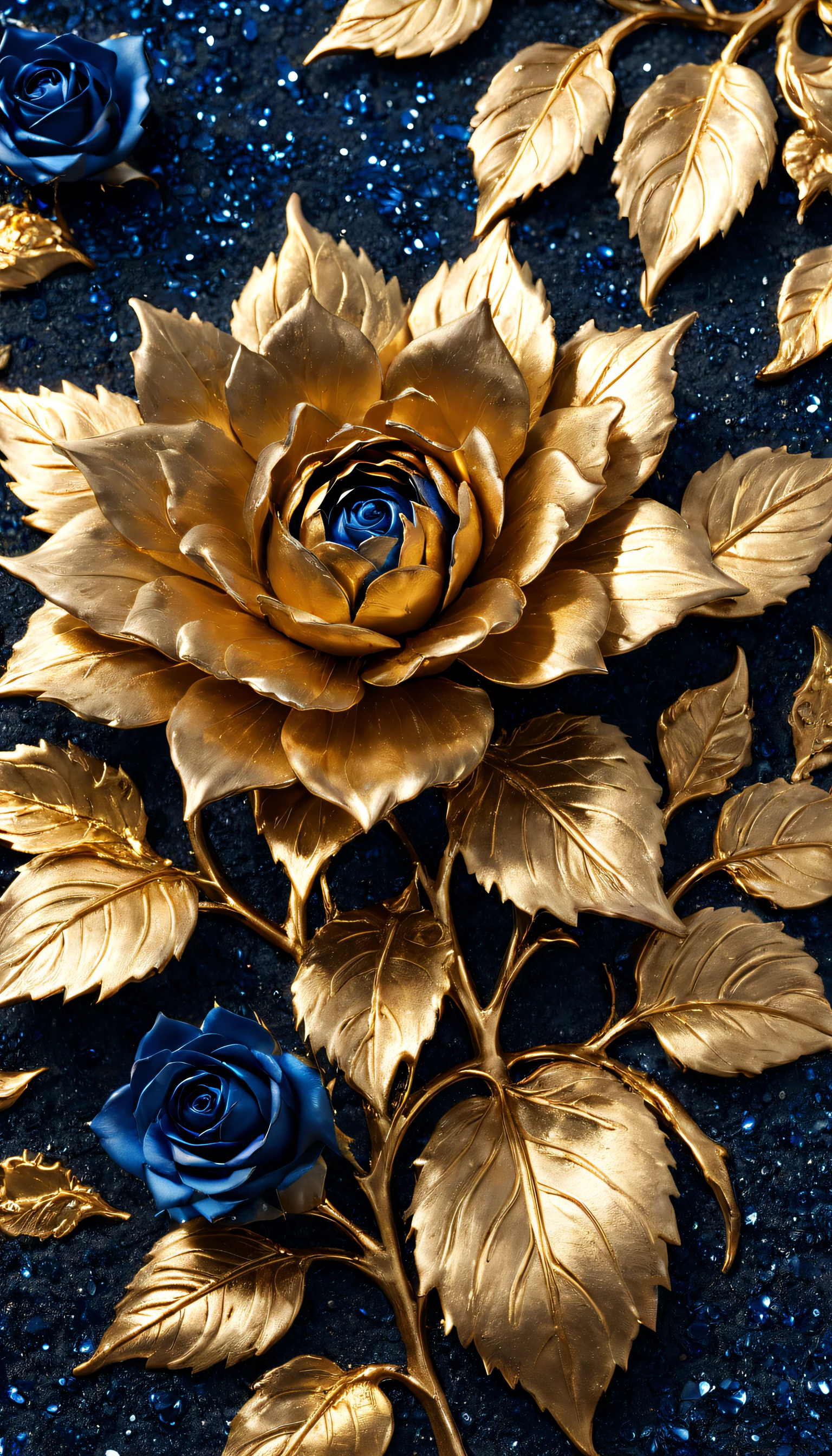 (Blue enchantress rose made of precious metal）, Each metallic blue enchantress flower has cascading petals， Blue spray gold sand，gilded，Rich metallic texture，they are dark blue，Like the night sky and the deep sea，Has an attractive metallic luster，leaves made of platinum，（Petals made of gold and black gold：1.37），The edges of the petals are brushed metal,  golden sunflower flower, blue enchantress rose, flowers and gold, Gorgeous flowers,intricate flowers, Messy golden leaf flowers, 16k,Rococo elements, Capturing light and shadow，Give people a kind of tenacious growth、Unyielding spiritual foundation：Rough volcanic rock texture，