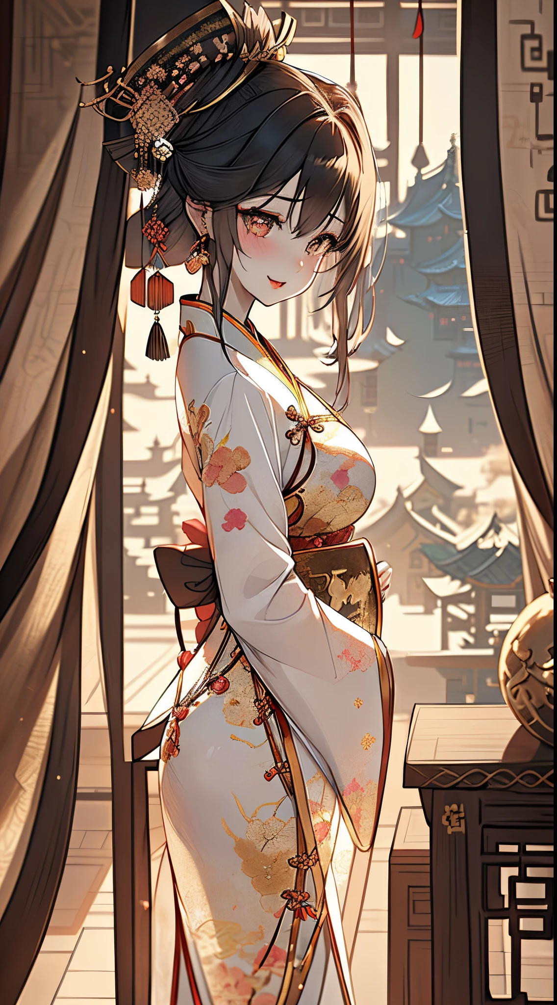 ,Ink wash painting,
1girl,solo,female,mature female,big breasts,oval face,slender,glamor,model,white skin,china_dress,chinese_style,hanfu,song style outfits,print_cheongsam,pantyhose,_pantyhose,gold_necklace,medium hair,swept bangs,leaning on object,index finger raised,hand to mouth,eye-contact,looking_at_viewer,bright pupils,Slightly open mouth,parted lips,seductive smile,drunk,light blush,traditional_chinese_room,on_couch,stuffed_bunny,curtains,tile_floor,mansion,earrings,headband,, masterpiece,best quality,highly detailed,Amazing,finely detail,extremely detailed CG unity 8k wallpaper,score:>=60,, beautiful detailed eyes,Fine hair texture,