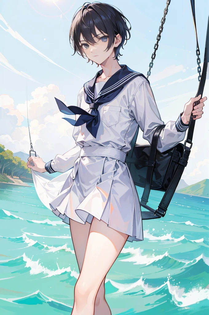 (of a man),schoolboy,mature,Handsome face,Delicate facial features,flatchest,Thin waist,long leges,a sailor suit,parks,swing,