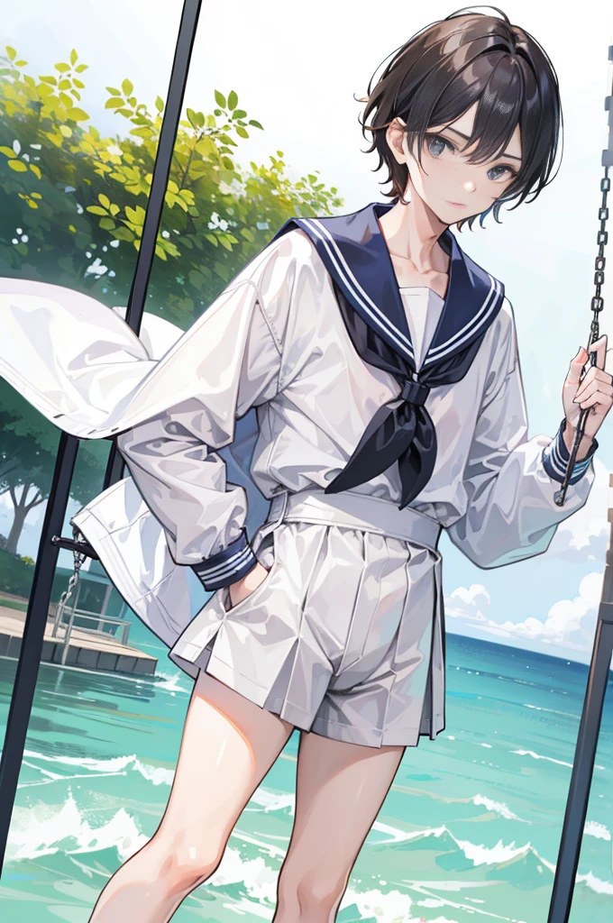 (of a man)，schoolboy，mature，Handsome face，Delicate facial features，flatchest，Thin waist，long leges，a sailor suit，parks，swing，