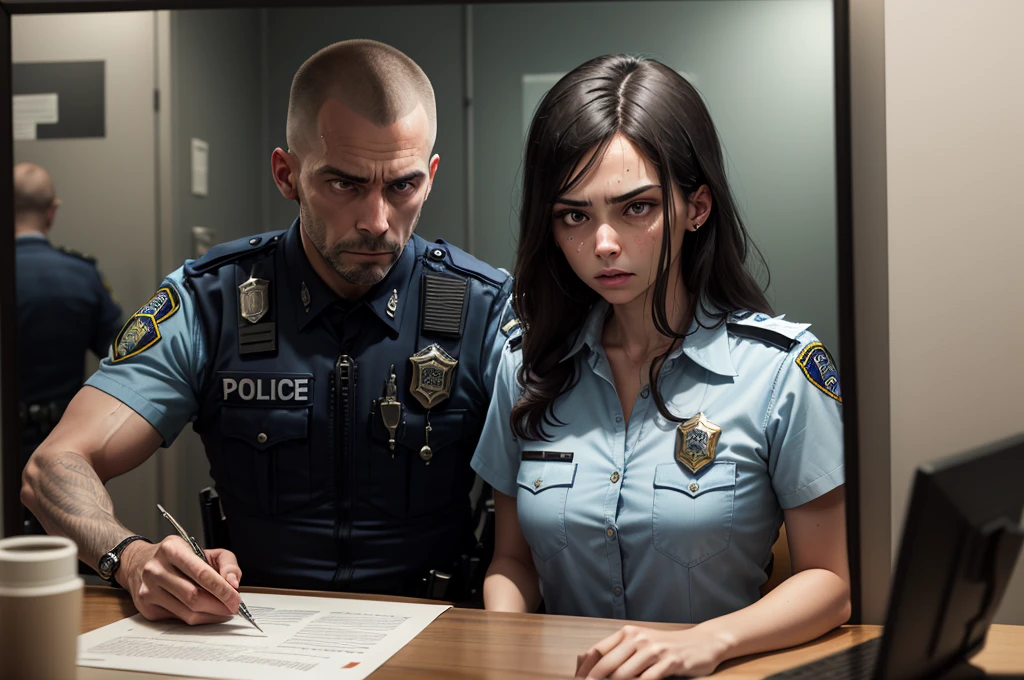 (a man who is being questioned by the police at the police station),interrogation room,police officer,serious look,official uniforms,harsh lighting,grim atmosphere,[dark room],fingerprinting process,camera surveillance,closed-circuit television system,metal handcuffs,table with documents,interrogation table,law enforcement,criminal investigation,legal procedures,intense,heart pounding,[sweat dripping],tense atmosphere,[serious atmosphere],stern faces,mirror on the wall,one-way mirror,watchful eyes,[nervous suspect],nervous movements,stressful situation,suspected criminal,official questions,loud voice,being watched,suspect's palm print,photographs of evidence,judicial system,high-security,thorough questioning,Suspicious behavior,search warrant,legal rights,confidential informants,criminal activity,guilty conscience