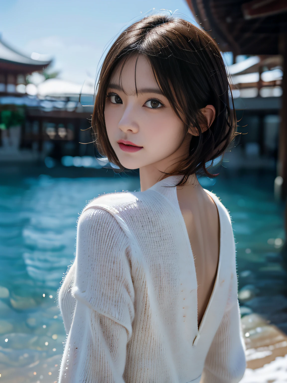 Portrait of a woman standing in the gently falling snow, top-quality、hyper HD、奈良美智, Japanese Models, Beautiful Japan Girl, With short hair, 27-year-old female model, 4 k ], 4K], 27yo, sakimichan, sakimichan
