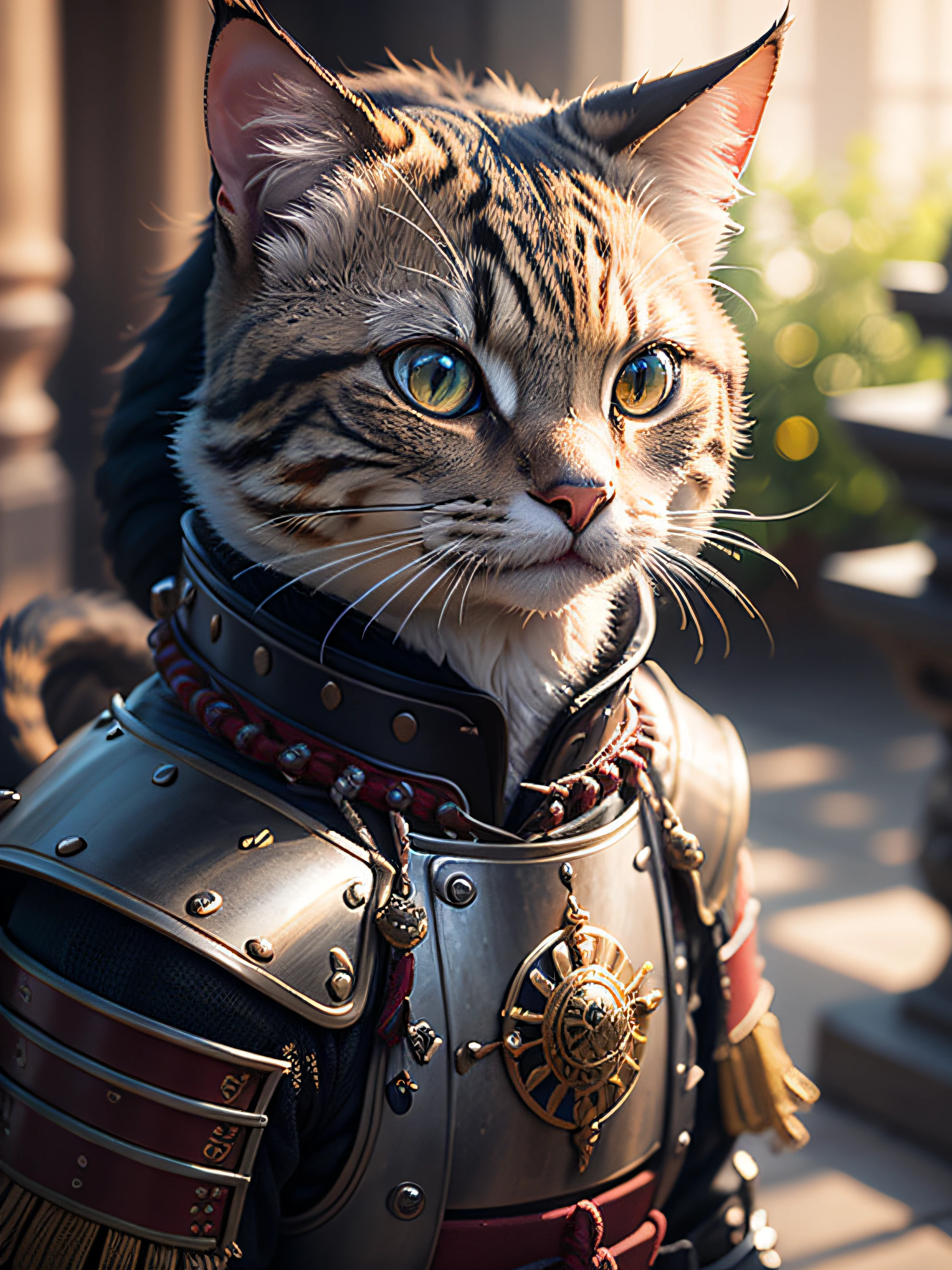 An ancient anthropomorphic cat samurai using an ancient armor, photography, beautiful, bokeh temple background, colorful, masterpieces, top quality, best quality, official art, beautiful and aesthetic, realistic, cinematic light, (sharp focus:1.6), highly detailed, ultra realistic, 8k