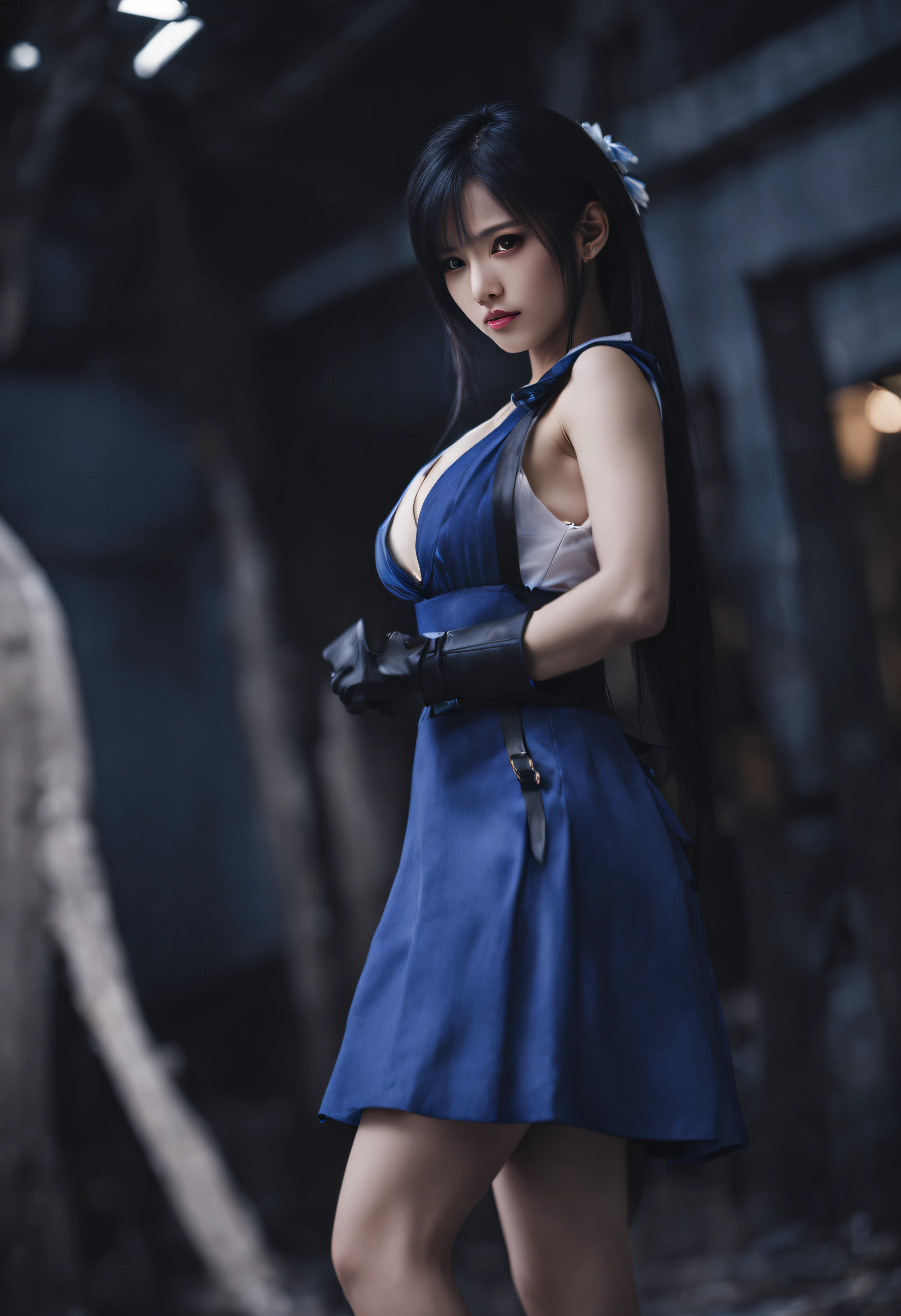 cinematic photo 1 girl、Tifa 7re、Tifa's Costume、a blue dress、huge-breasted、Eyes wide open、35mm photo、filmg、Bokeh、proffesional、4K、The ultra -The high-definition、top-quality、deep depth of field、combat scene、