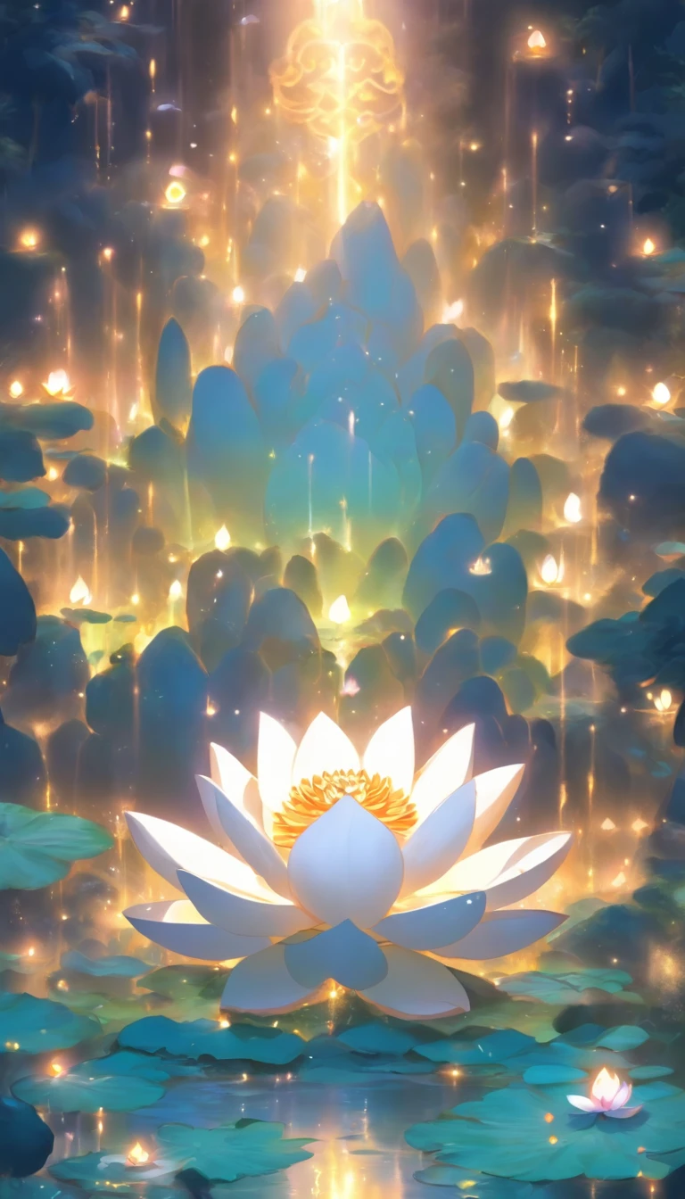 An image of a giant white lotus throne floating in darkness,White lotus,buddhism,holy,lithe,super detailing,Ultra-clear image quality, ,32K, Best quality at best, tmasterpiece, super detailing, High detail in illustration style