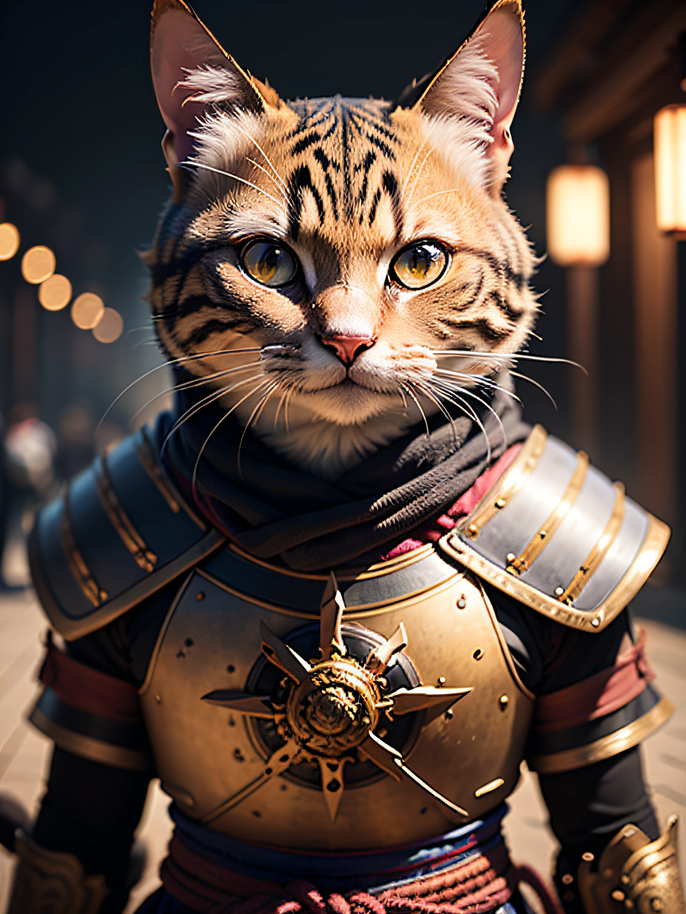 An ancient anthropomorphic cat samurai using an ancient armor, photography, beautiful, bokeh temple background, colorful, masterpieces, top quality, best quality, official art, beautiful and aesthetic, realistic, cinematic light, (sharp focus:1.6), highly detailed, ultra realistic, 8k