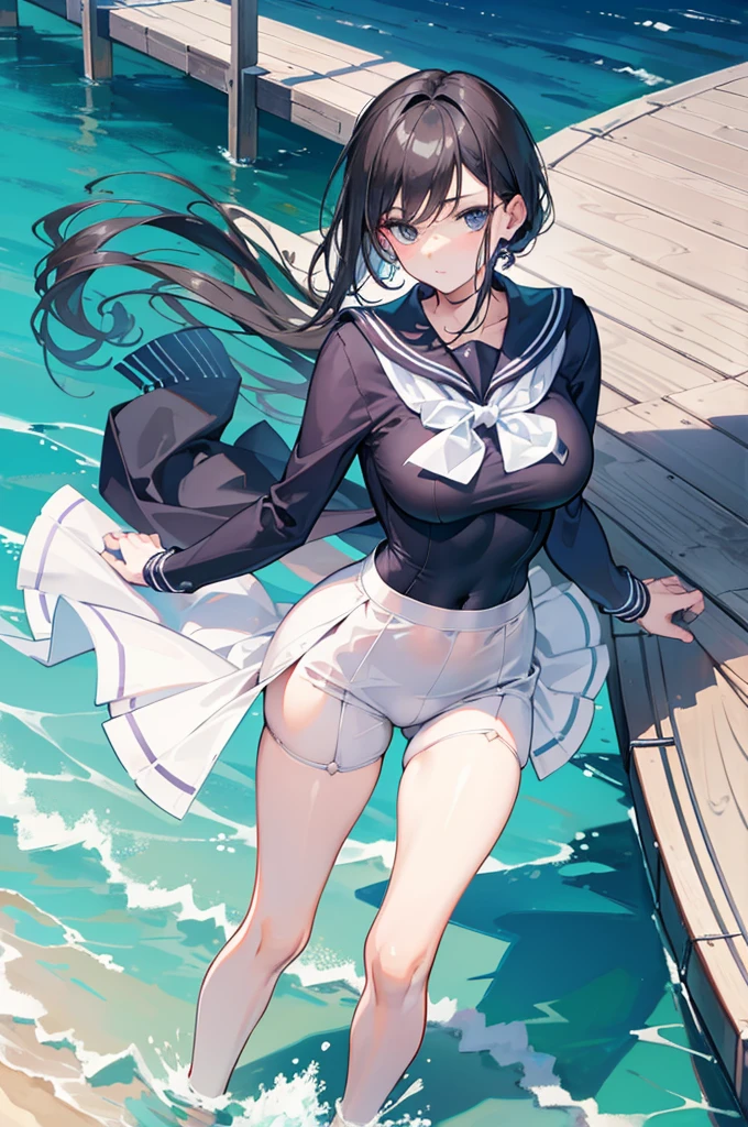 (of a man),schoolboy,mature,Handsome face,exquisite facial features,flatchest,big breasts thin waist,long leges,a sailor suit,River side,