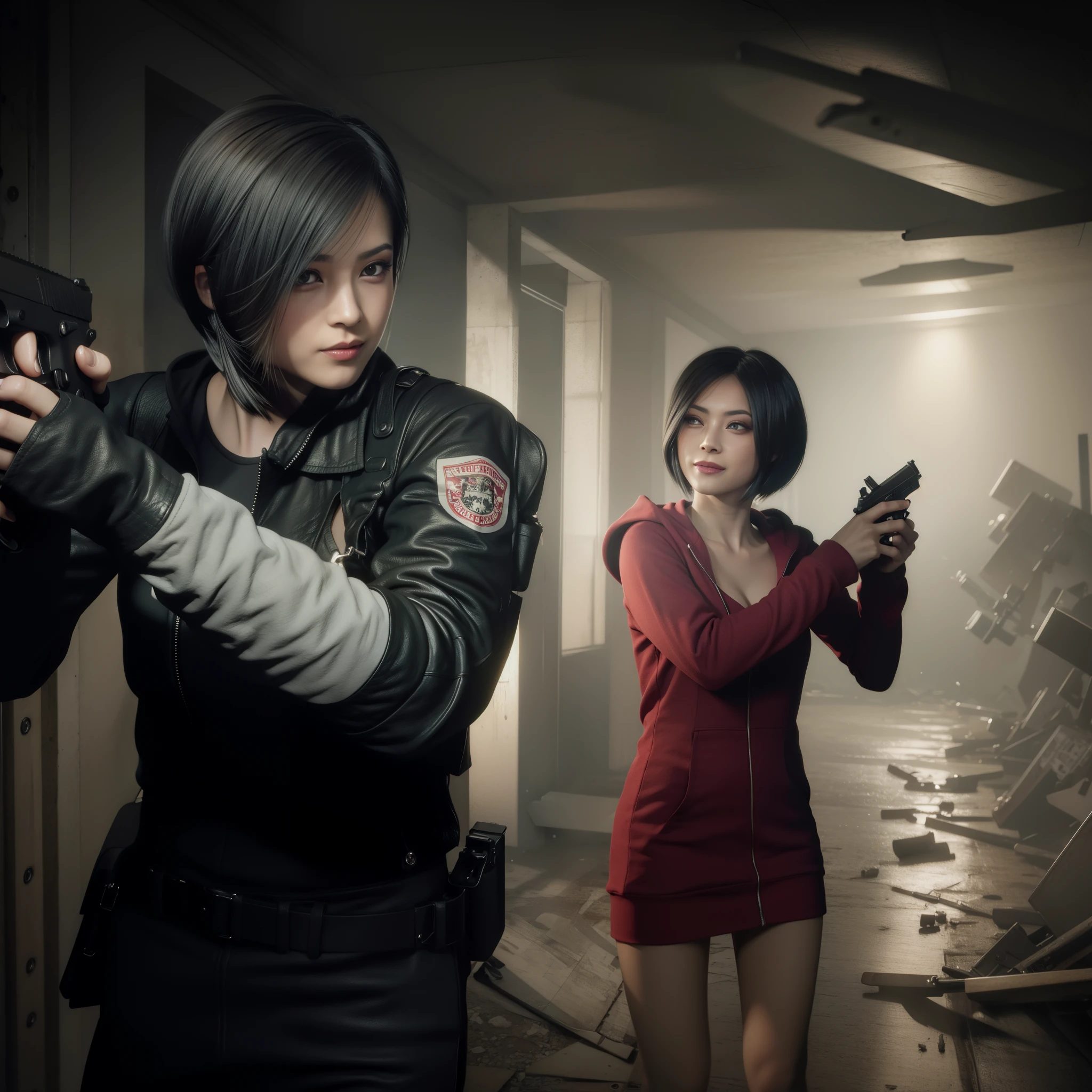 beautiful face, woman, bob hair, perfect Face, wearing mini red dress wearing hoody, black nail polish, holding a gun, little smile