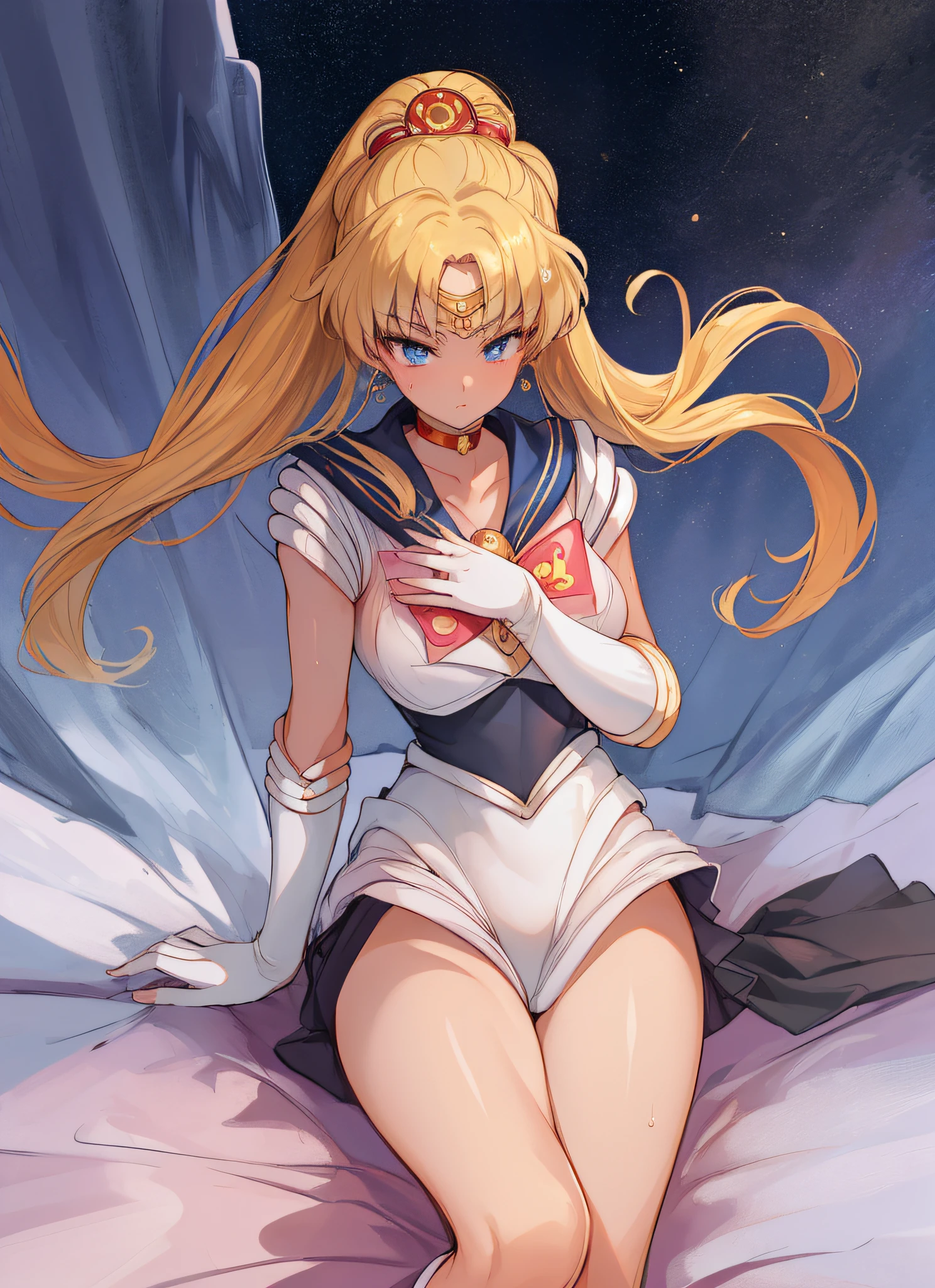 masterpiece, top-quality, hight resolution, 8K, Hi-Res, ultra-detailliert, 1girl in, (Anatomically correct), (Full limbs), (Precise fingertips), Slender 18 year old beautiful active girl, blue eyess, Slender eyes,a blond, Very long hair, (Black skin:1.3), ((Sailor Moon: 1.3)), (white leotard), (Sailor color in orange), (Over-the-knee boots:1.1), a choker, (white glove), Gold Choker, (elbowgloves), (a blue skirt), sole, (Lying in bed), ((One hand is in the crotch:1.3)), ((masturbation)), ((Touching the chest with one hand:1.28)), embarassed face, High school students, Full body like, Bust 86, Waist 58, Hip 88, (Mass sweat), (Tempered body, Toned body, Split abs:1.1), (Invite your beloved to have sex with her)