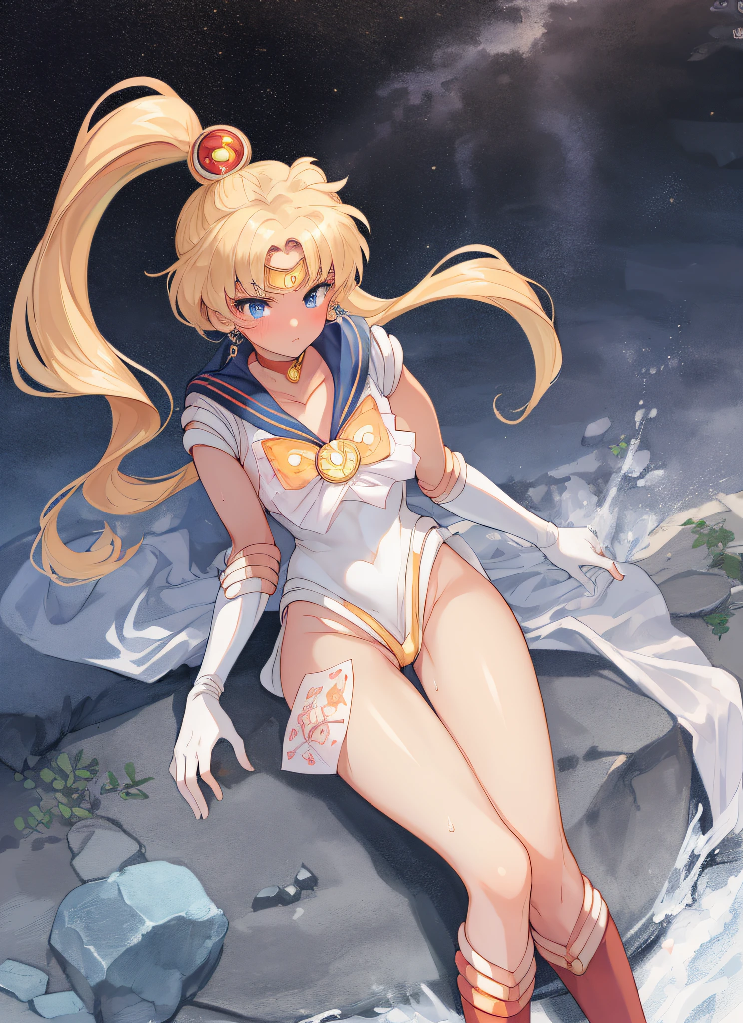 masterpiece, top-quality, hight resolution, 8K, Hi-Res, ultra-detailliert, 1girl in, (Anatomically correct), (Full limbs), (Precise fingertips), Slender 18 year old beautiful active girl, blue eyess, Slender eyes,a blond, Very long hair, (Black skin:1.3), ((Sailor Moon: 1.3)), (white leotard), (Sailor color in orange), (Over-the-knee boots:1.1), a choker, (white glove), Gold Choker, (elbowgloves), (a blue skirt), sole, (Lying in bed), ((One hand is in the crotch:1.3)), ((masturbation)), ((Touching the chest with one hand:1.28)), embarassed face, High school students, Full body like, Bust 86, Waist 58, Hip 88, (Mass sweat), (Tempered body, Toned body, Split abs:1.1), (Invite your beloved to have sex with her)