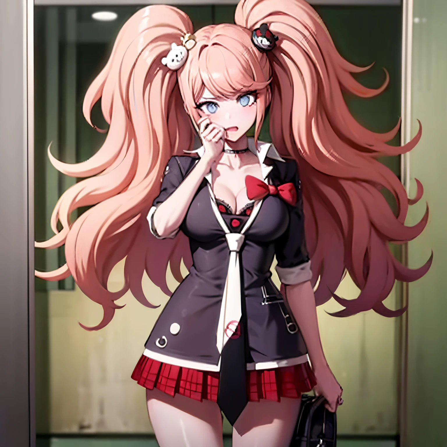 Junko Enoshima, pink gold long hair, 1girl in, Twin-tailed, 独奏, blue eyess,, bangss, bear hair ornament, (red claw), Red ribbons, Black shirt, undergarment, a choker, Black bra, cleavage of the breast, 鎖骨, Rolled up sleeves, white necktie, Pleated plaid red skirt, (student clothes), Black Cross Lace Knee Boots, Glossy, shinny hair, School scenery, school hallway, School windows, Tsundere、kawaii、get angry、get blush、Opening Mouth、a school bag、Beautiful hands、forefinger、Five Fingers、(Toenails)、(red claw), free pose, ink and watercolor painting