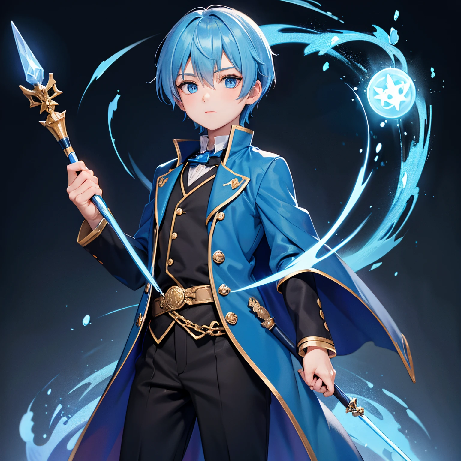 blue hair, Blue Eyes, young, Wear a wizard'uniform s, Holding a magic wand. Cast some kind of magic. With an emphasis on the uniform being black..