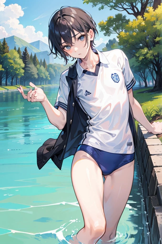 (of a man),boy,mature,Handsome face,exquisite facial features,Flat chest and thin waist,long leges,swimming uniform,River side,