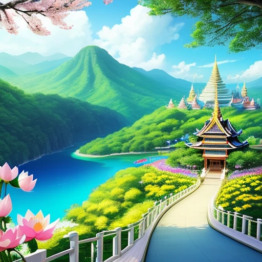 with a realistic、Be authentic、beautifly、amazing landscape、with blue sky and white clouds、flower、Chii、the woods 、mont、The lotus flowers,garden,vila,city,region,Yellow Temple、a paradise、a chair、a bed、Smoke、Fluttering Flag、Indoor, Red carpet,canopy,thai style,Resort、springtime、full bloom、flat land、celestial realm、Yellow roof、safety、railing、placid