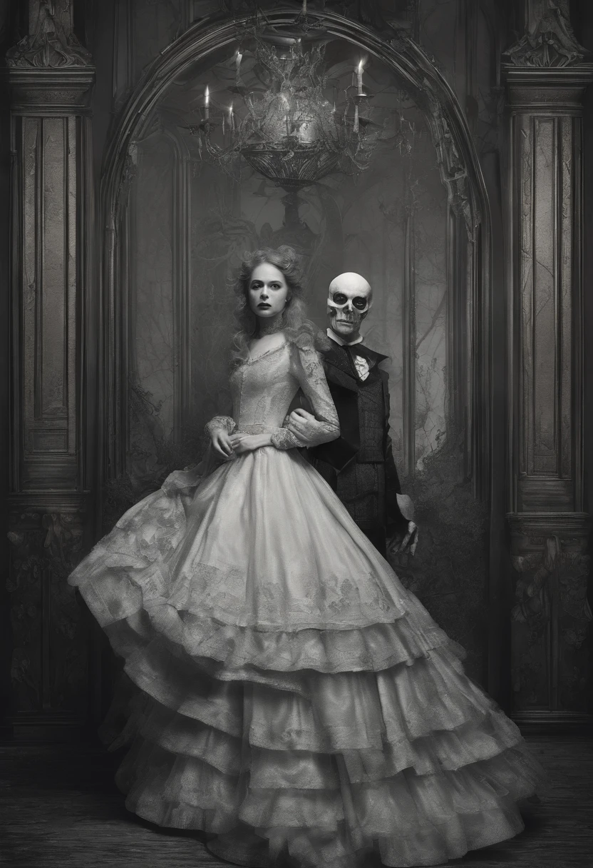 A damsel in distress, scene from a horror film, a beautiful young woman is threatened by Nosferatu. Old dark castle, Victorian era