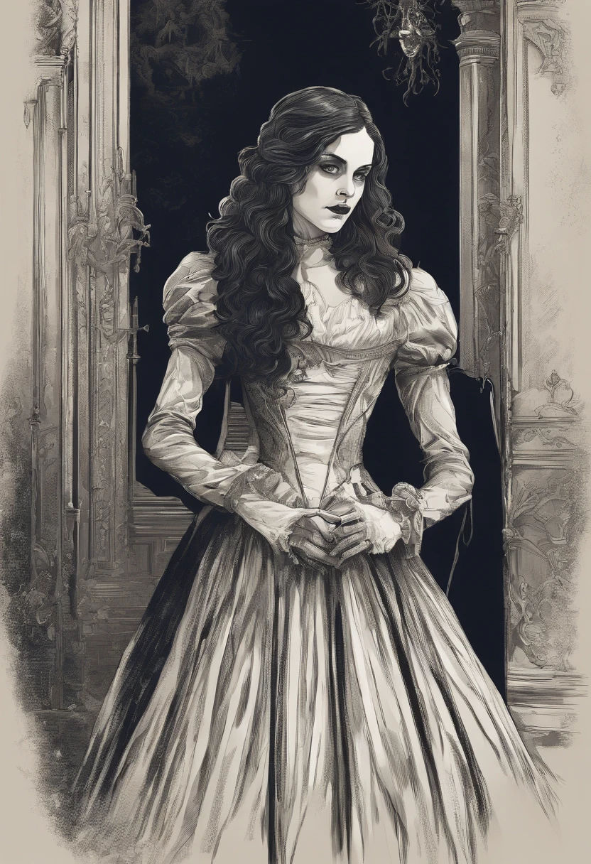 A damsel in distress, scene from a horror film, a beautiful young woman is threatened by Nosferatu. Old dark castle, Victorian era