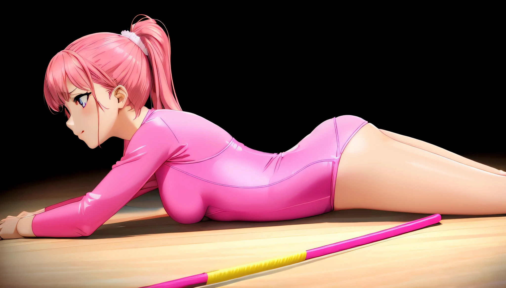 Anime girl lying on the floor in a pink leotard and holding a pink stick, Smooth Anime CG Art, photorealistic anime girl render, pink twintail hair and cyan eyes, Lying Dynamic Pose, 3d anime girl, render of a cute 3d anime girl, 3 d anime realistic, Pink body, Strongest Pose, Yayoi Kasuma, rendered in sfm