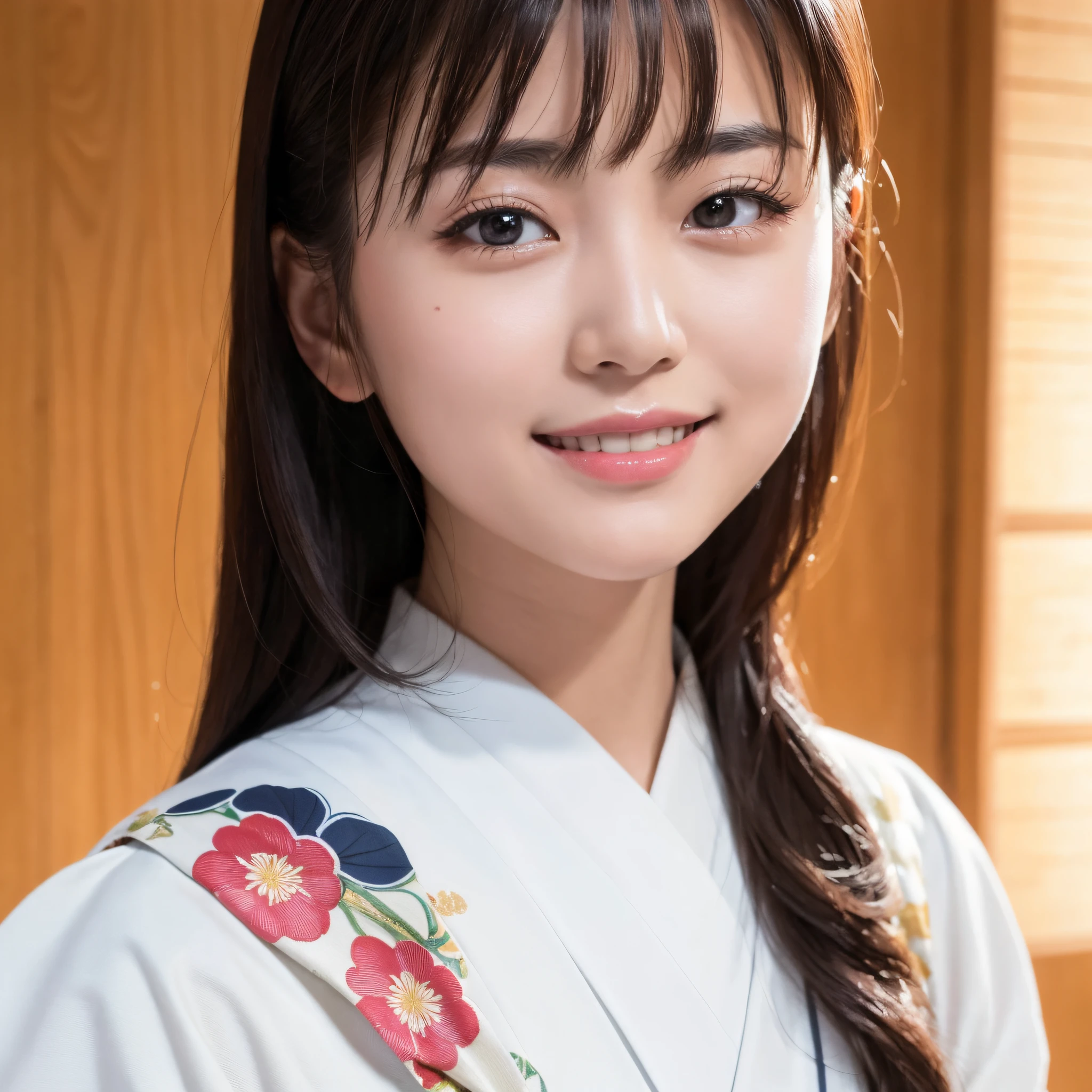 Beautiful woman in neat Japanese clothes、((best qualtiy、8k masterpieces:1.3))、foco nítido:1.2、(ultra beautiful faces:1.0)、(shinny skin:1.0)、photos realistic、A dark-haired、Video Lighting、High-definition eyes and face、Video Lighting、Japan Idol Actress、from the front side、medium breasts、Smile、Slender Abs Beauty、Whole body、In furisode
