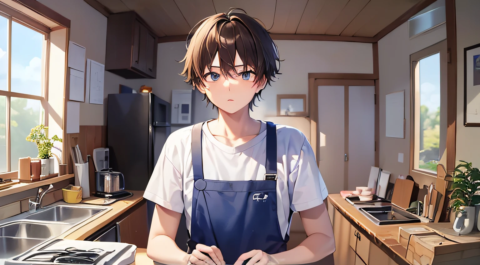 ​masterpiece、hightquality、25 year old man with short brown hair and blue eyes、Like a cartoon in Japan、wearing white t-shirts、Wearing a blue apron、(Alone:1.5)、(a serious expression:1.1)、、(Only the upper body is shown.:1.3)、Kitchen background、Making sweets、Bold composition、