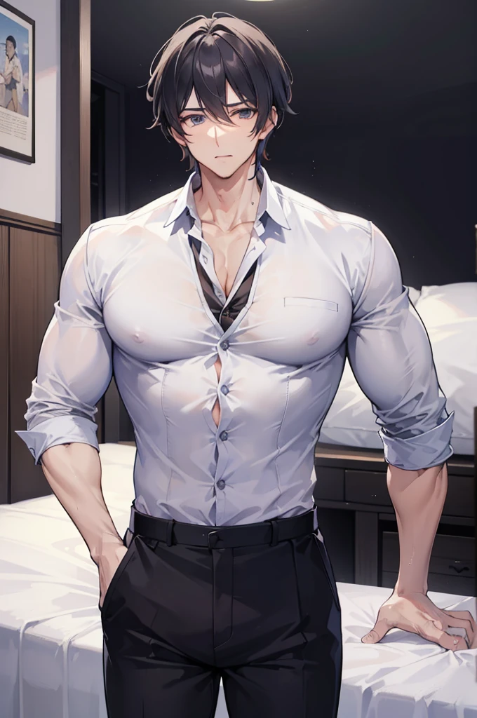 (of a man),schoolboy,mature,Handsome face,big chest and thin waist,long leges,There are on the upper body,Trousers,tiese,Soft bed,