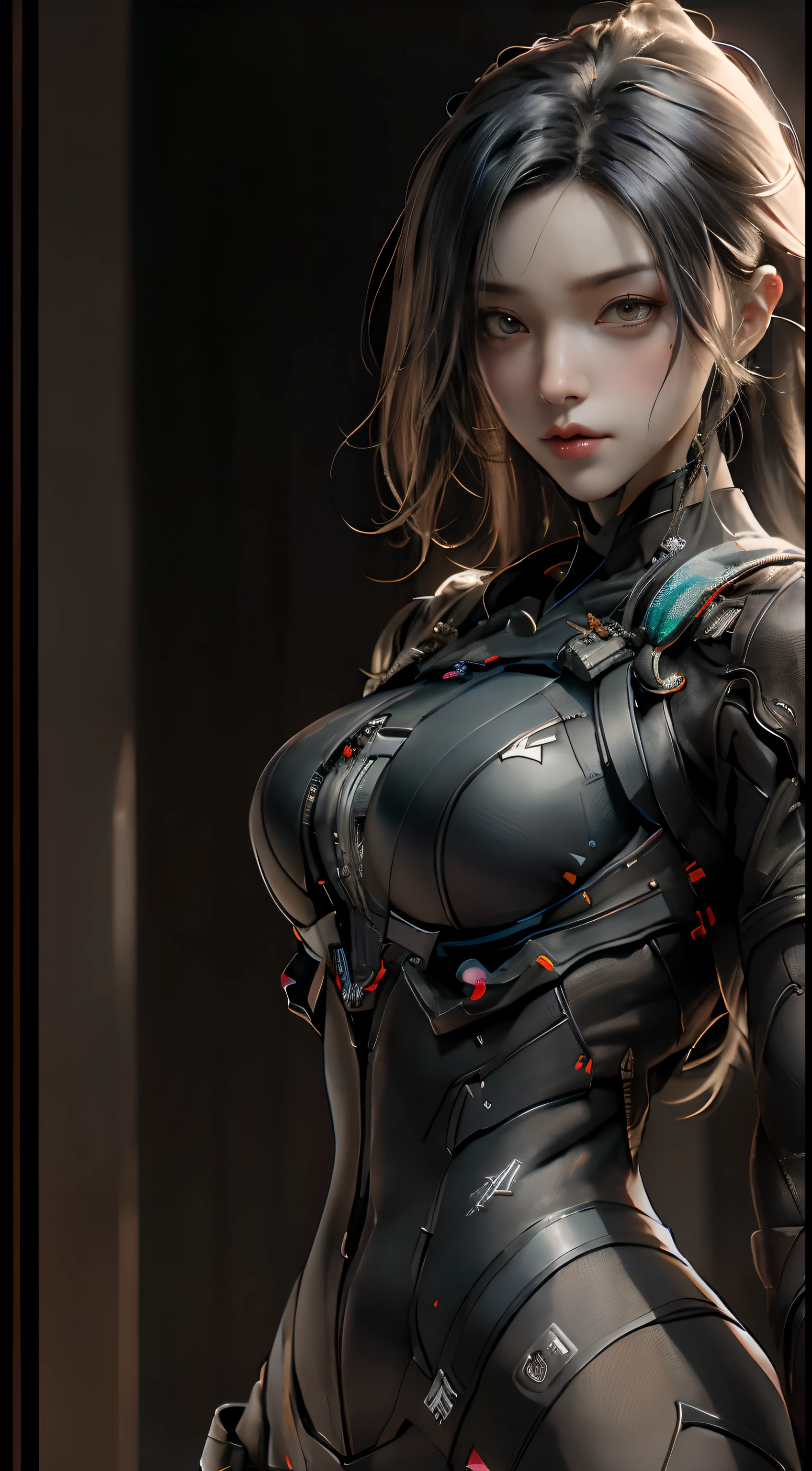 realistic photography, high definition, perfect details, beautiful young woman, biomechanical body, perfect face, discreet smile, soft makeup, dark colors, chrome detail, threatening warrior, sexy, dark background, cyberpunk universe