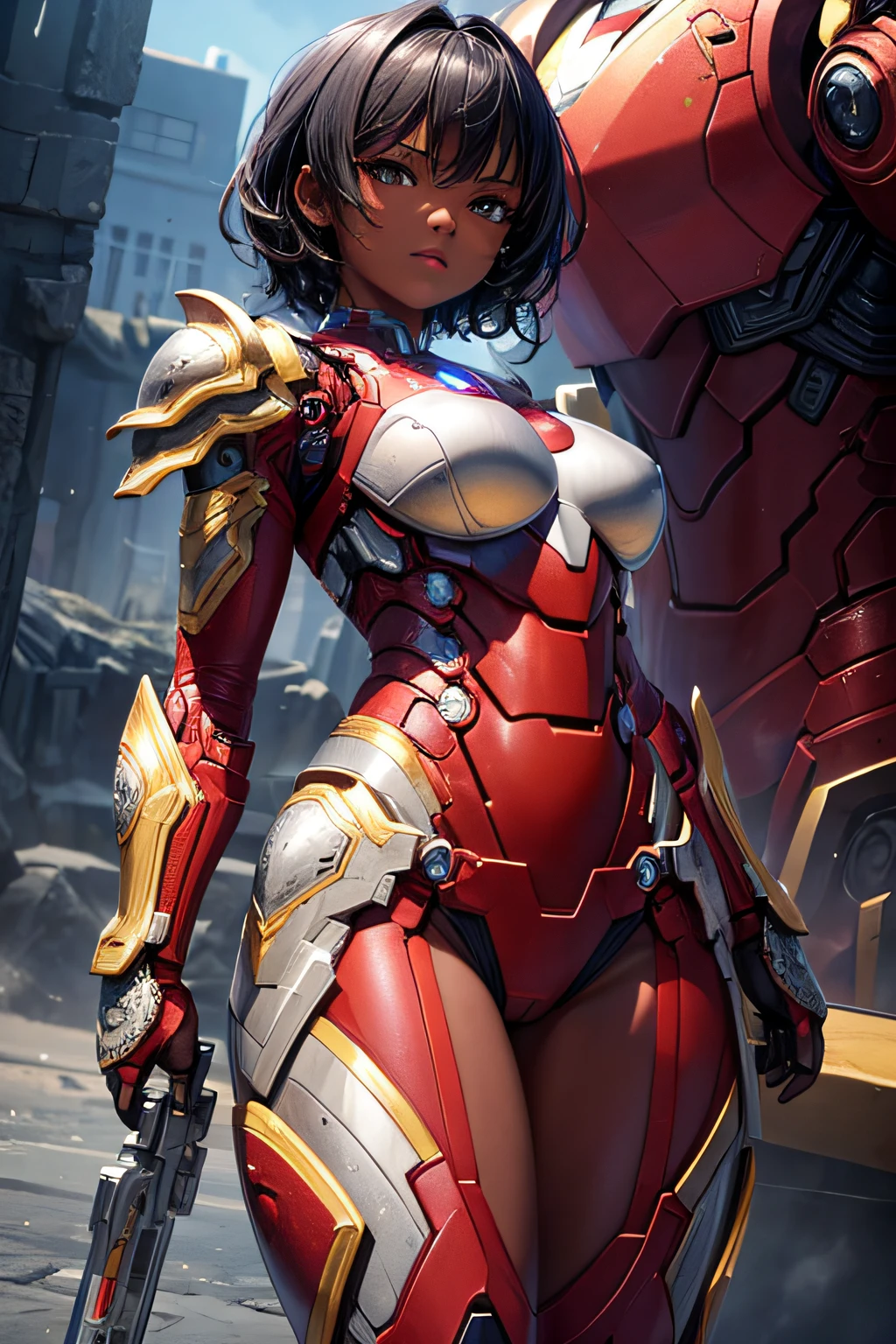african girl, black skin, short curly black hair, comic accurate iron man armor, silver collored armor, sexi, revealing, combat stance, highly detailed, vibrant appearance, creative behavior, imaginative, sensual, spontaneous, small breasts, sexi, highest quality, skin texture, intricate details, (cinematic lighting), RAW photo, 8k, masterpiece,best quality,ultra-detailed,very detailed illustrations,extremely detailed,intricate details,highres,super complex details,extremely detailed 8k cg wallpaper,