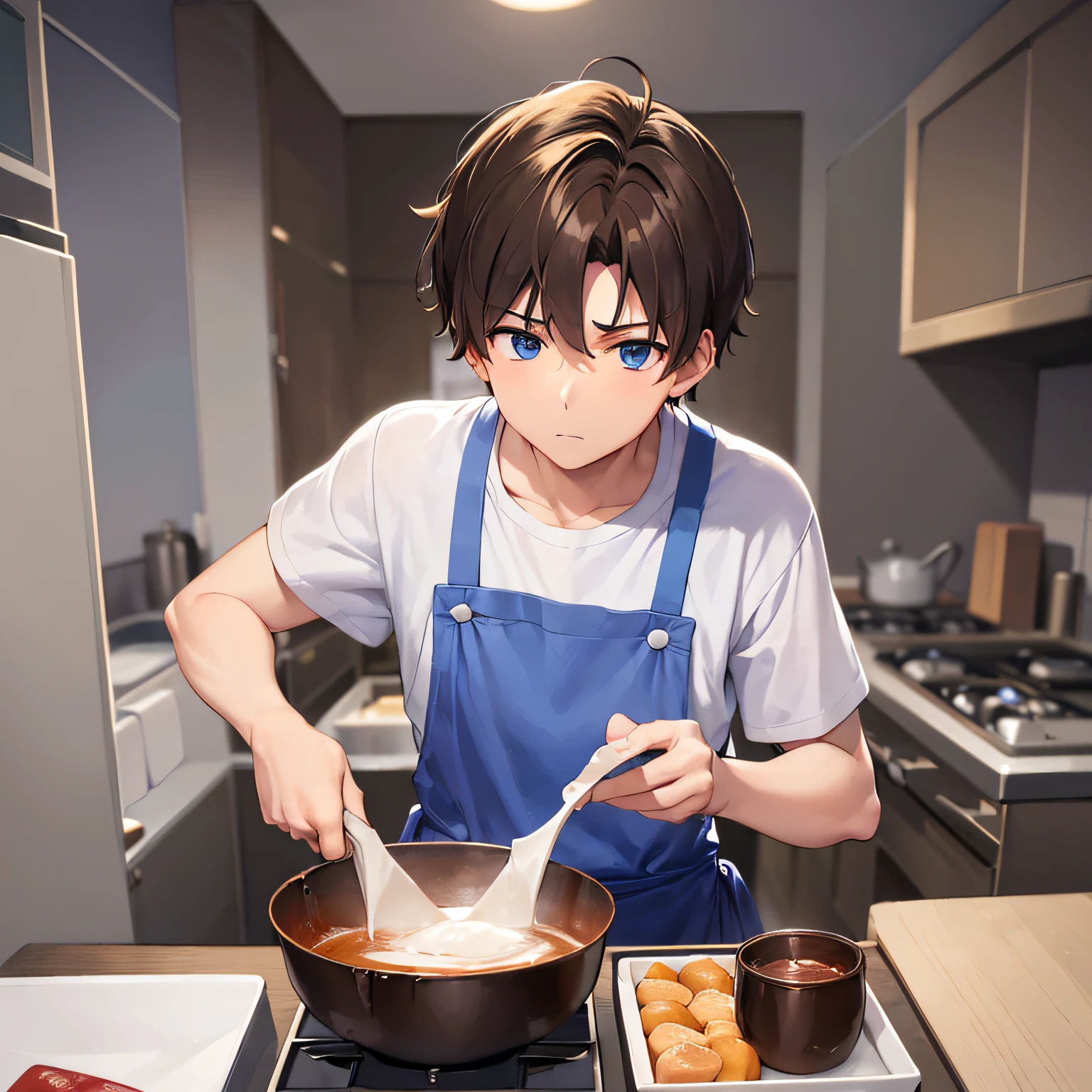 ​masterpiece、hightquality、25 year old man with short brown hair and blue eyes、Like a cartoon in Japan、wearing white t-shirts、Wearing a blue apron、(Alone:1.5)、(a serious expression:1.1)、、(Only the upper body is shown.:1.3)、Kitchen background、Making sweets、Bold composition、