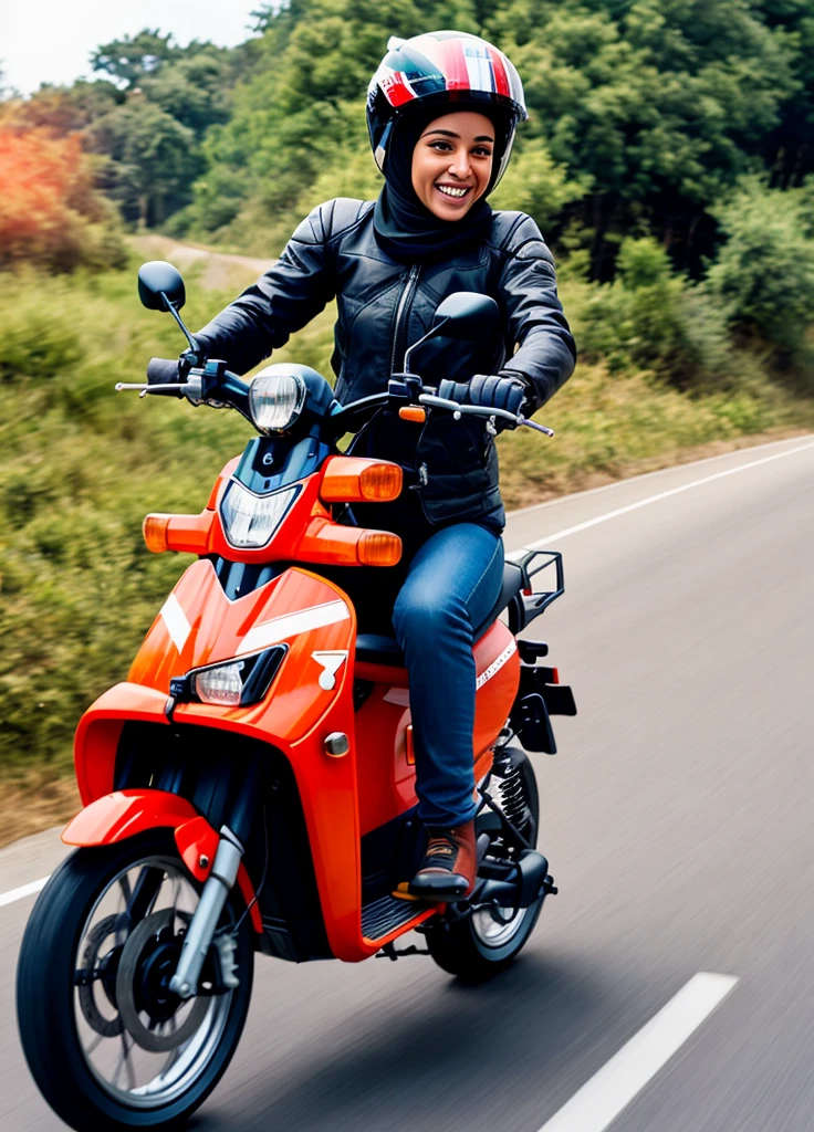 create photo realistic photos of Muslim women blown by the wind, riding a motosikal honda cub c70,speeding around the village while smiling.speed picture. pictures must be hyper realistic, crazy detail, 8k
