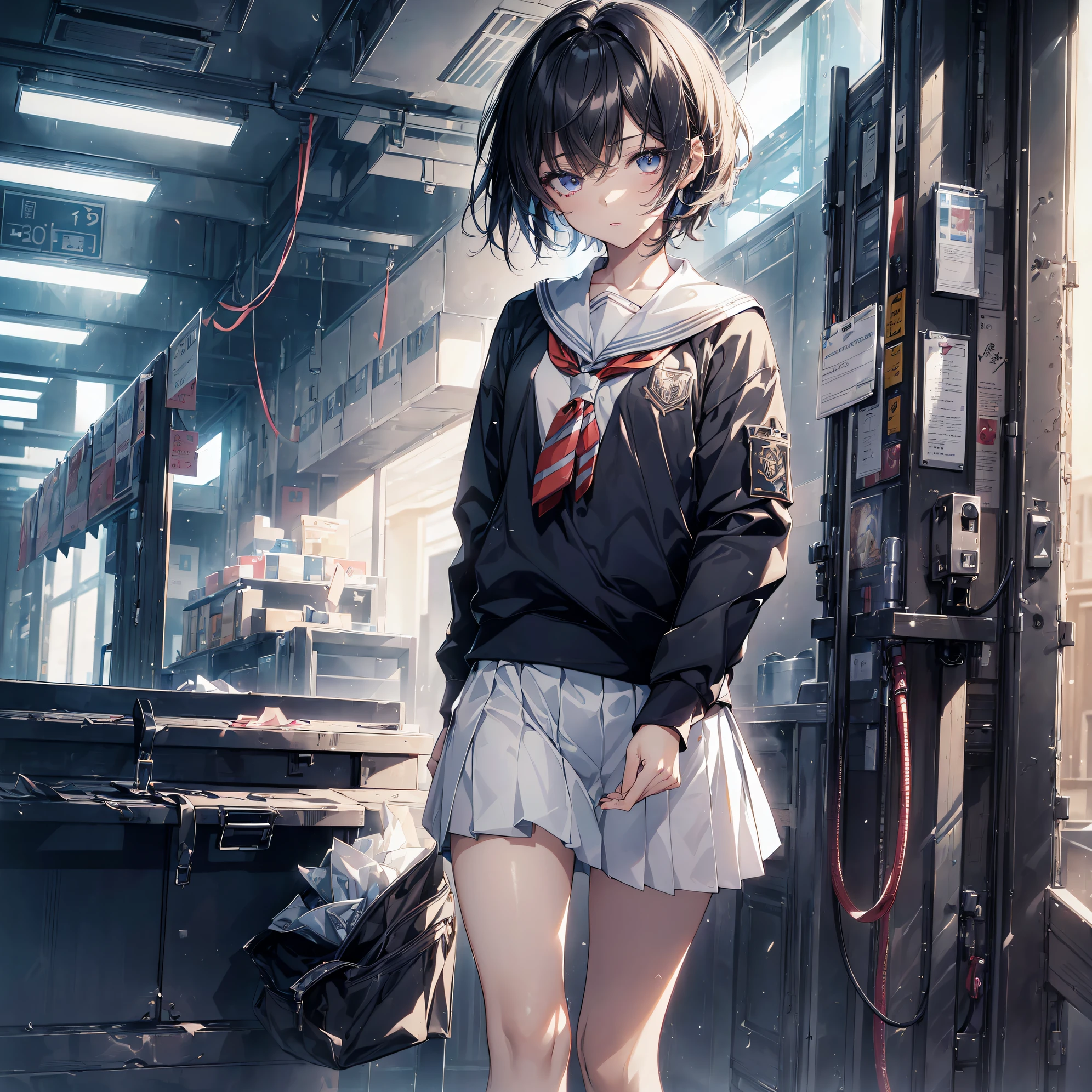 ((top quality, anime, ultra-detailed,high resolution,extremely detailed CG,unity 8k wallpaper, by famous artist, perfect anatomy, super detailed skin, cinematic lighting,)),break,(Please draw a girl walking sleepily to school. :1.3),break, 1girl, (Solo,Loli,child,13-year-old:1.5),a junior high school student, androgynous charm, (Very Short hair), Full limbs, complete fingers,flat chest, Small butt, groin, Small eyes,beatiful detailed eyes,Beautiful detailed lips, disgusted eyes, school Uniform, (Detailed Lighting), (Detailed background), (in the School commute route),