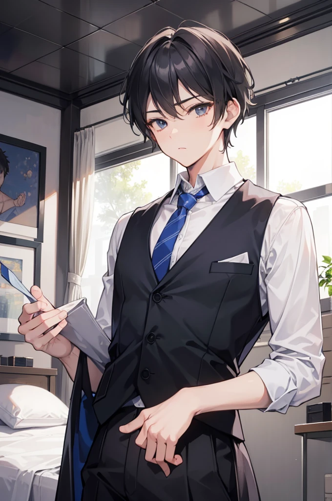 (of a man),boy,mature,Handsome face,big chest and thin waist,long leges,The upper body only has a tie,trouser,Soft bed,