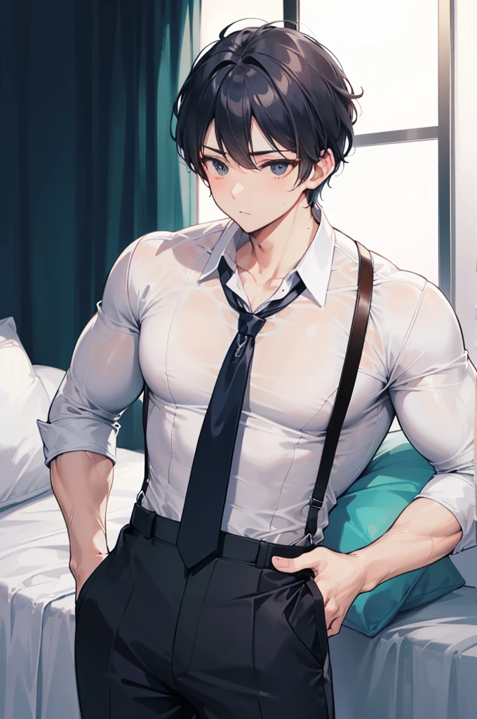 (of a man)，schoolboy，mature，Handsome face，big chest and thin waist，long leges，The upper body only has a tie，trouser，Soft bed，