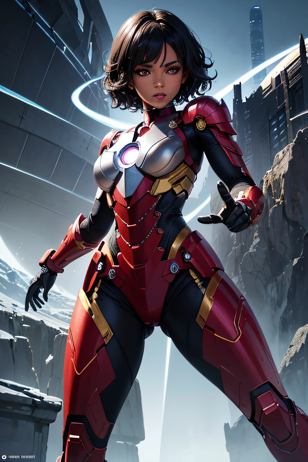 african girl, black skin, short curly black hair, comic accurate iron man armor, silver collored armor, sexi, revealing, combat stance, highly detailed, vibrant appearance, creative behavior, imaginative, sensual, spontaneous, small breasts, sexi, highest quality, skin texture, intricate details, (cinematic lighting), RAW photo, 8k, masterpiece,best quality,ultra-detailed,very detailed illustrations,extremely detailed,intricate details,highres,super complex details,extremely detailed 8k cg wallpaper,
