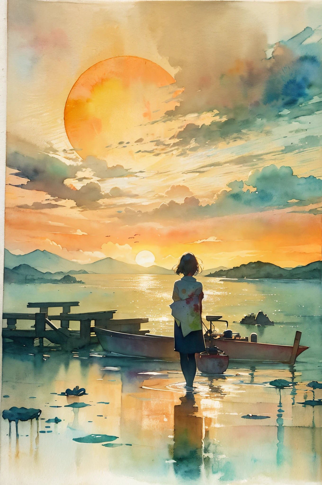 (Fantastic world) (At twilight) A woman watching the sunset. Watching the moment the sun sets makes me feel a little sad.(Ink on Japanese paper, which tends to bleed easily)(contemporary art like a picture book) (transparent watercolor) (light itself expressed as real) (layers of soft, rich colors) (shades of paint dissolved thinly with water) (deep, delicate colors)