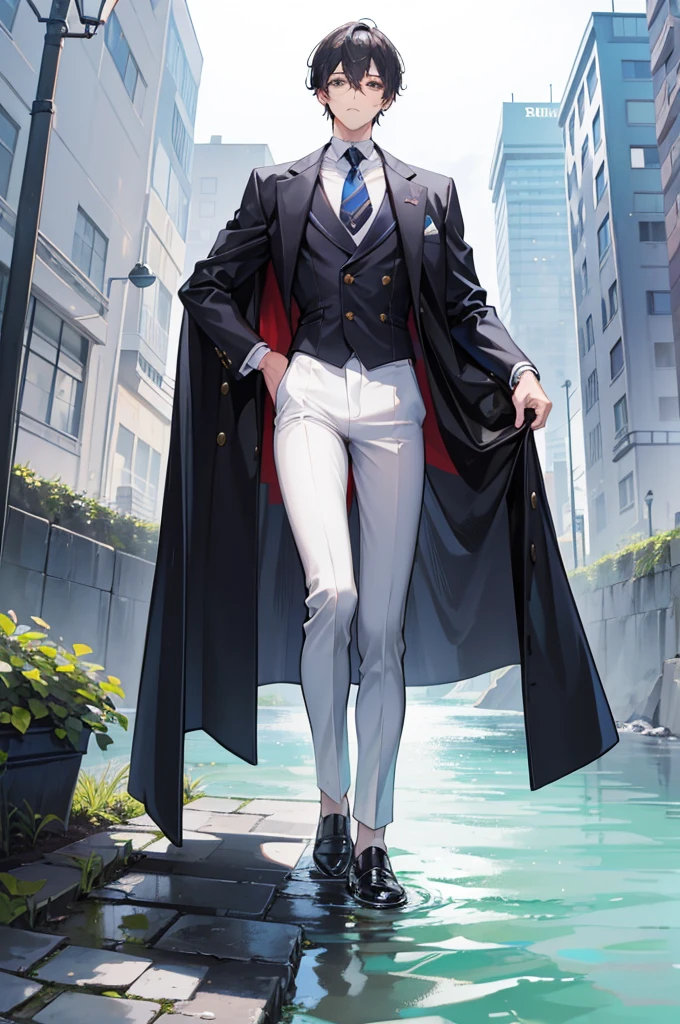 (of a man),schoolboy,mature,Handsome face,exquisite facial features,Flat chest and thin waist,long leges,wetclothes,River side,