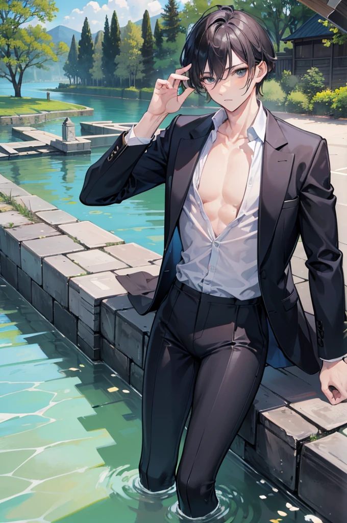 (of a man),schoolboy,mature,Handsome face,exquisite facial features,Flat chest and thin waist,long leges,wetclothes,River side,
