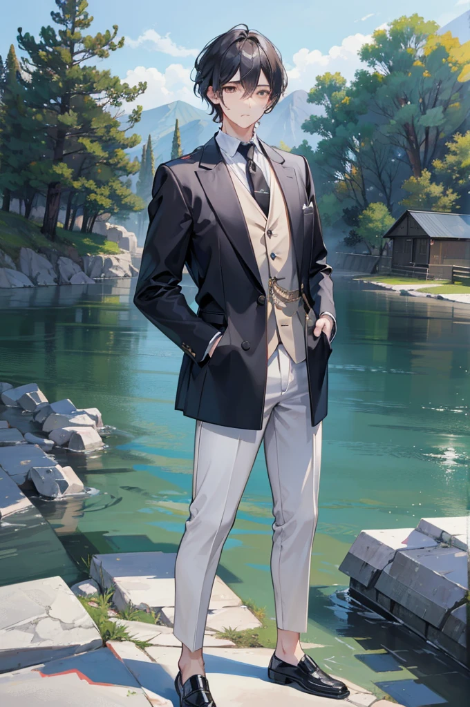 (of a man),boy,mature,Handsome face,exquisite facial features,Flat chest and thin waist,long leges,wetclothes,River side,