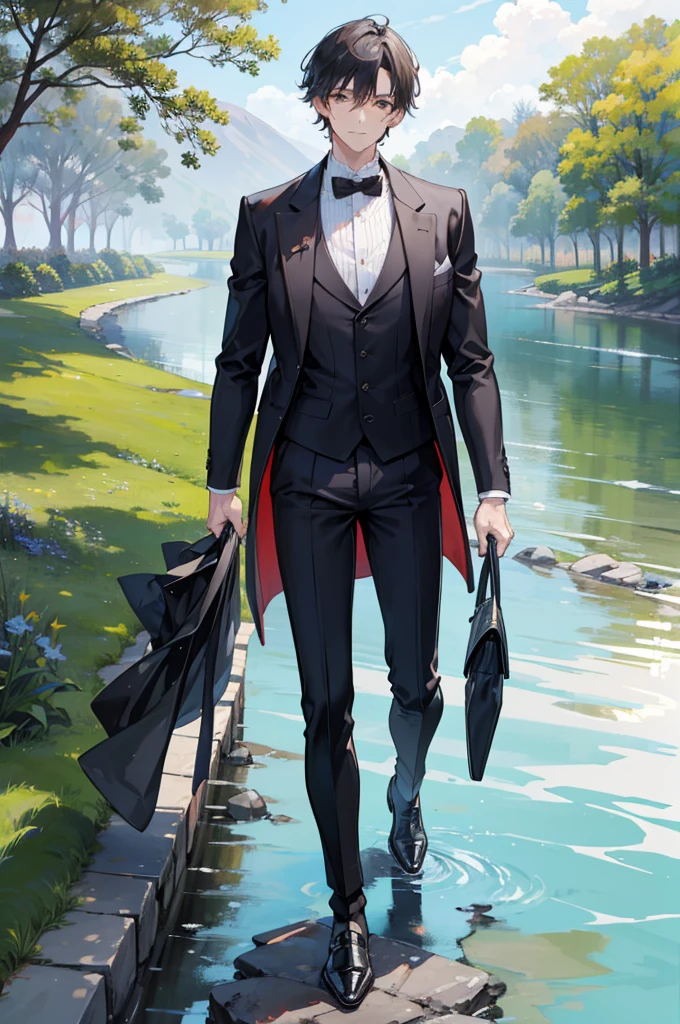 (of a man)，schoolboy，mature，Handsome face，exquisite facial features，Flat chest and thin waist，long leges，wetclothes，River side，