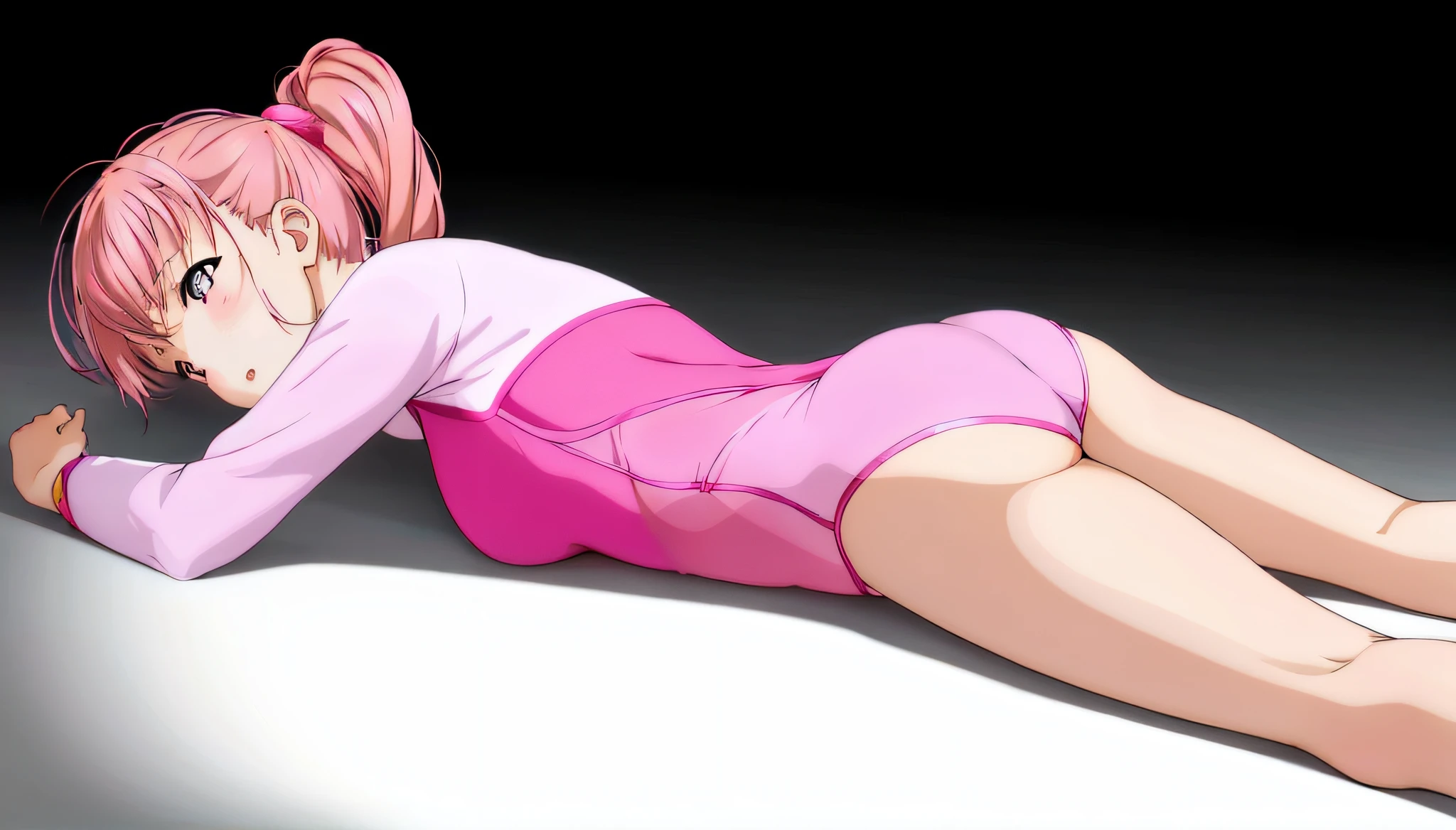Anime girl lying on the floor in pink leotard, Lying Dynamic Pose, Pink body, smooth pink skin, Smooth Anime CG Art, bubblegum body, 3d anime girl, asuka suit under clothes!, relaxed poses, photorealistic anime girl render, character is in her natural pose, realistic shaded perfect body, 3 d anime realistic, pink girl, Photorealistic perfect body