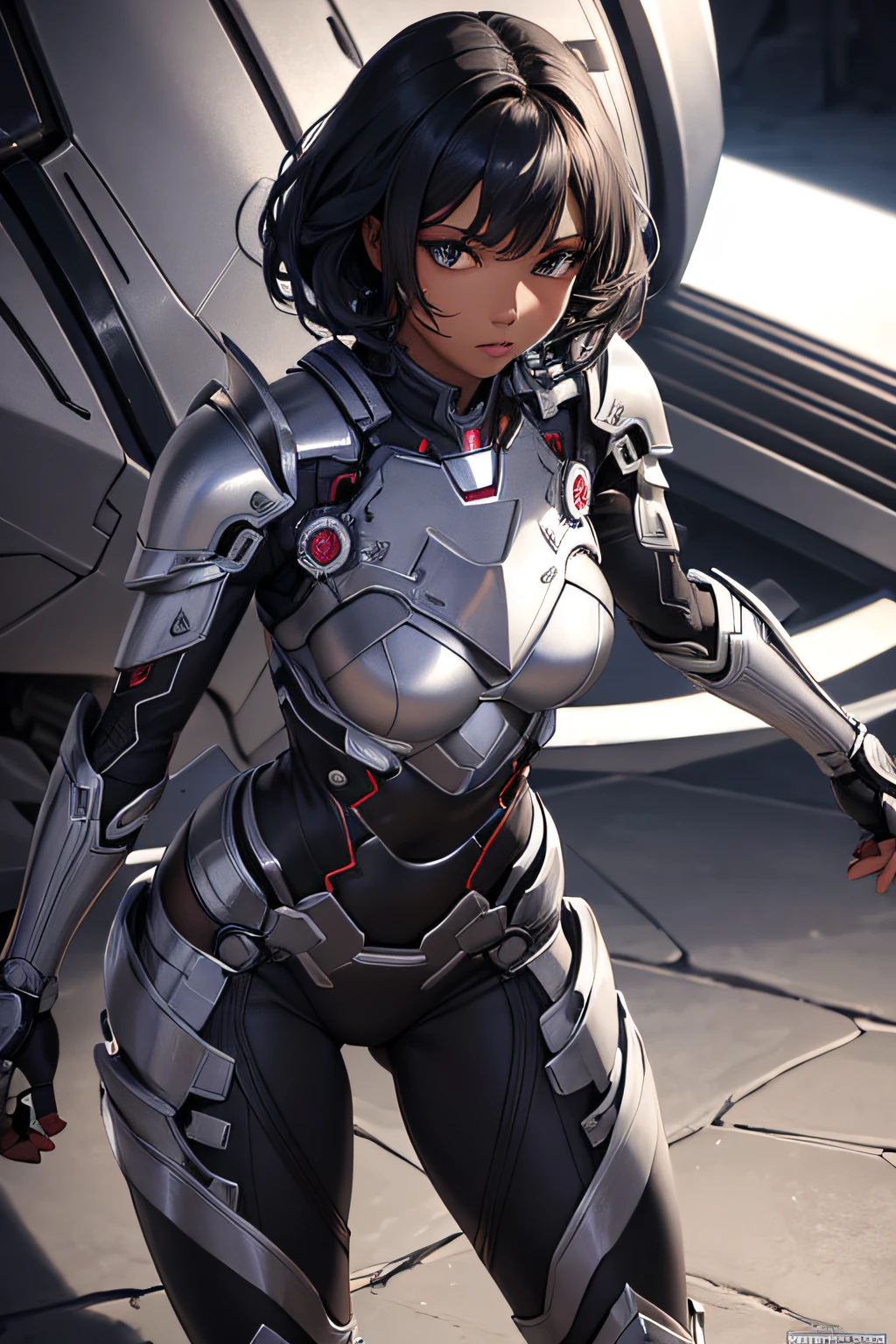 african girl, black skin, short curly black hair, comic accurate silver iron man armor, silver collored armor, sexi, revealing, combat stance, highly detailed, vibrant appearance, creative behavior, imaginative, sensual, spontaneous, small breasts, sexi, highest quality, skin texture, intricate details, (cinematic lighting), RAW photo, 8k, masterpiece,best quality,ultra-detailed,very detailed illustrations,extremely detailed,intricate details,highres,super complex details,extremely detailed 8k cg wallpaper,