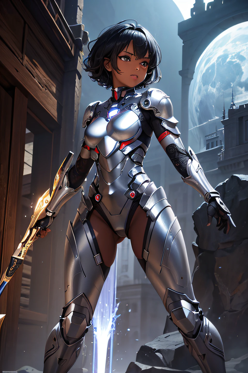 african girl, black skin, short curly black hair, comic accurate silver iron man armor, silver collored armor, sexi, revealing, combat stance, highly detailed, vibrant appearance, creative behavior, imaginative, sensual, spontaneous, small breasts, sexi, highest quality, skin texture, intricate details, (cinematic lighting), RAW photo, 8k, masterpiece,best quality,ultra-detailed,very detailed illustrations,extremely detailed,intricate details,highres,super complex details,extremely detailed 8k cg wallpaper,