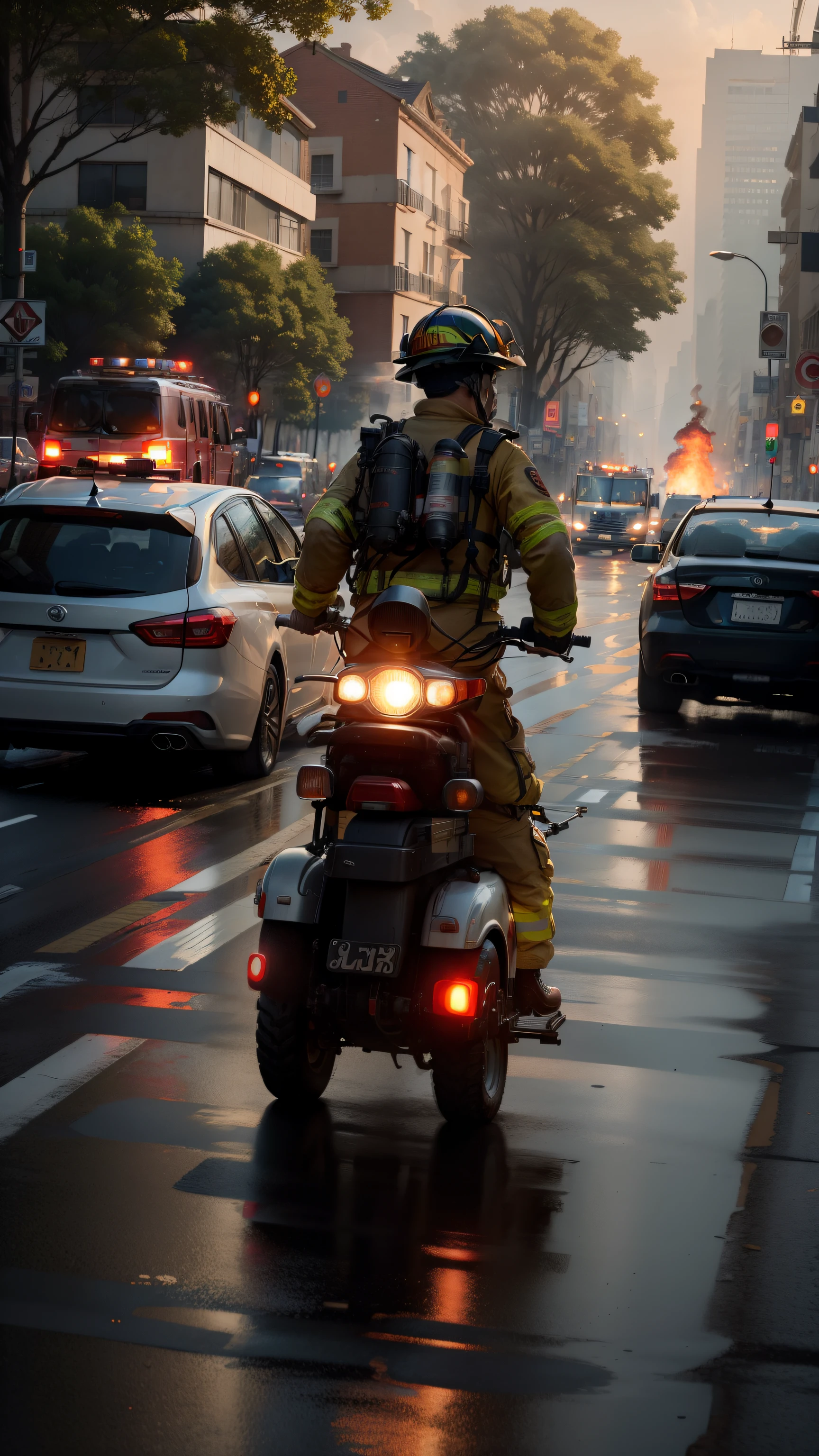 8k hd, rush background , realistic body, fireman, traffic, Segway rider, fire extinguisher, fire in buildings, Segway, no bike, rush, four wheel segway, wheels on side, fire in buildings, fire on road, smoky atmosphere, Segway on footpath, narrow roads, illustration, sketch , fire everywhere,all building on fire , fire extinguisher on vehicle, broad wheels of vehicles , smoke everywhere