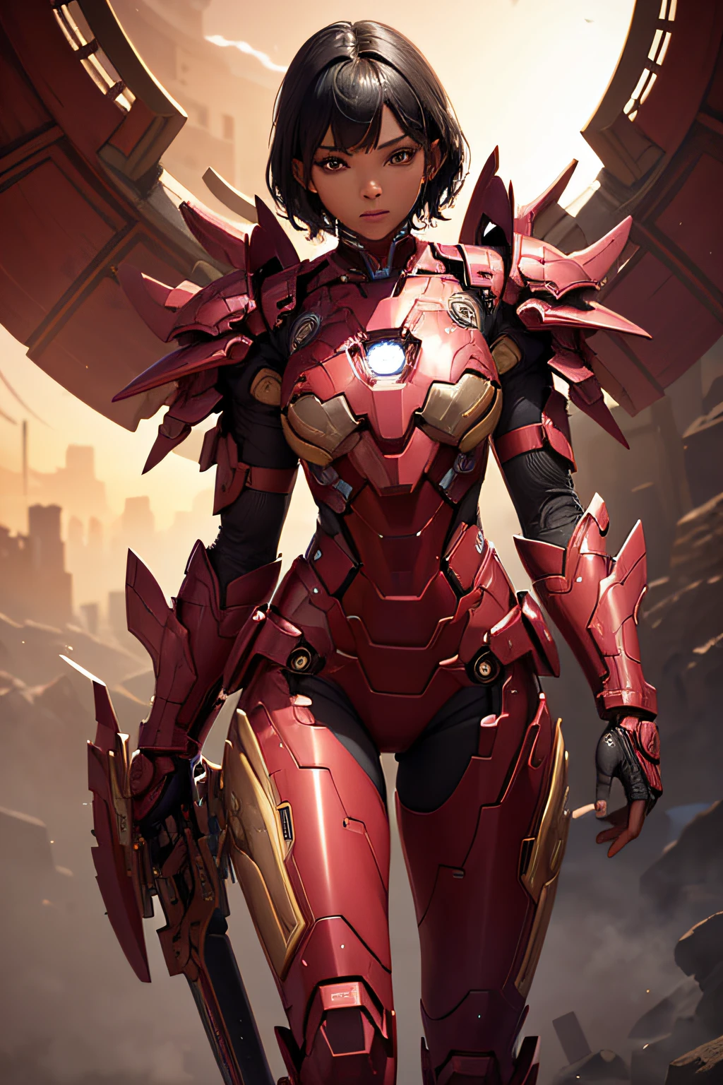 1girl, The Flash, mecha suit, city, full body, pov, from below, power armor, dynamic pose,