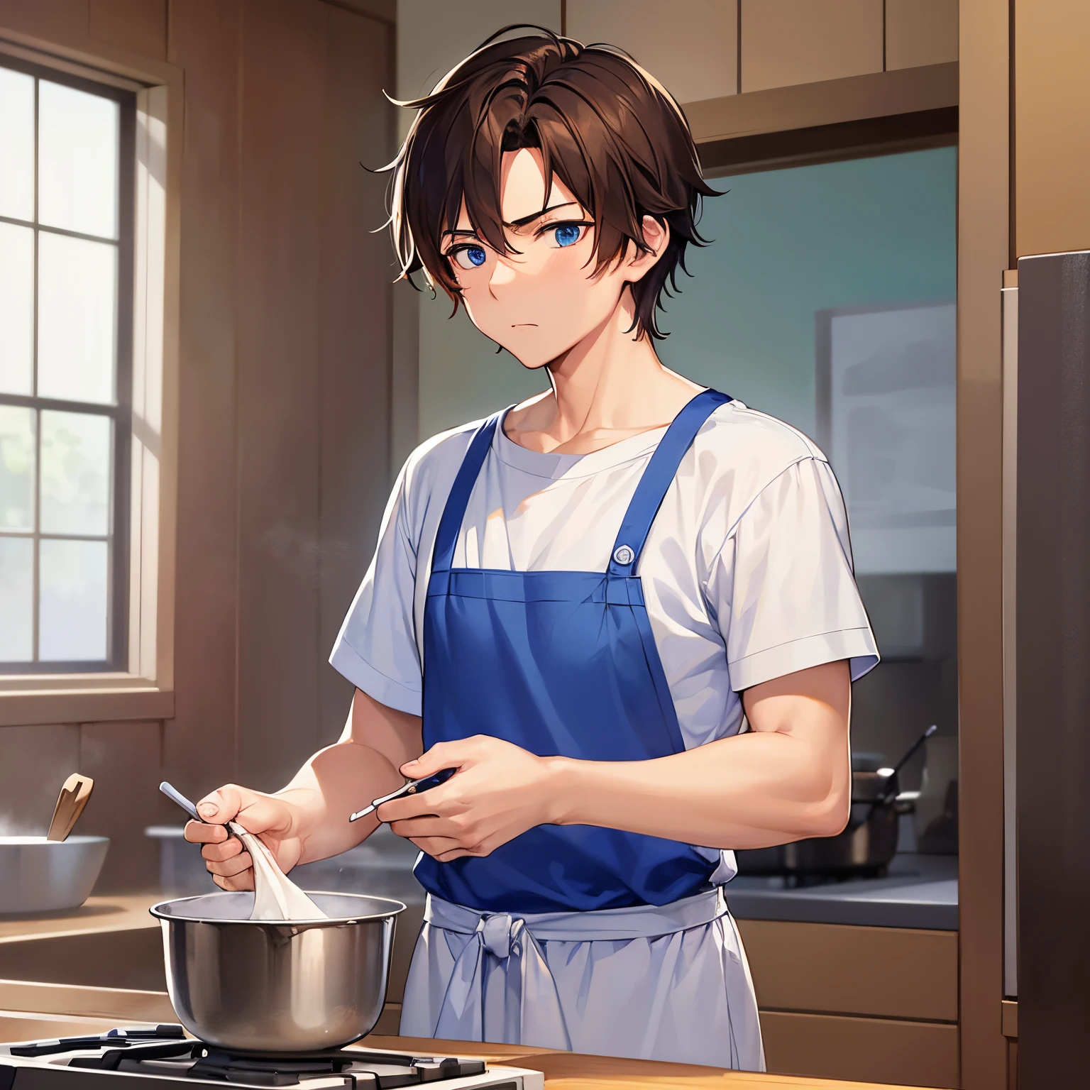masterpiece、hightquality、25 year old man with short brown hair and blue eyes、Like a cartoon in Japan、wearing white t-shirts、Wearing a blue apron、(Alone:1.5)、(a serious expression:1.1)、、(Only the upper body is shown.:1.3)、Kitchen background、Making sweets、Bold composition、