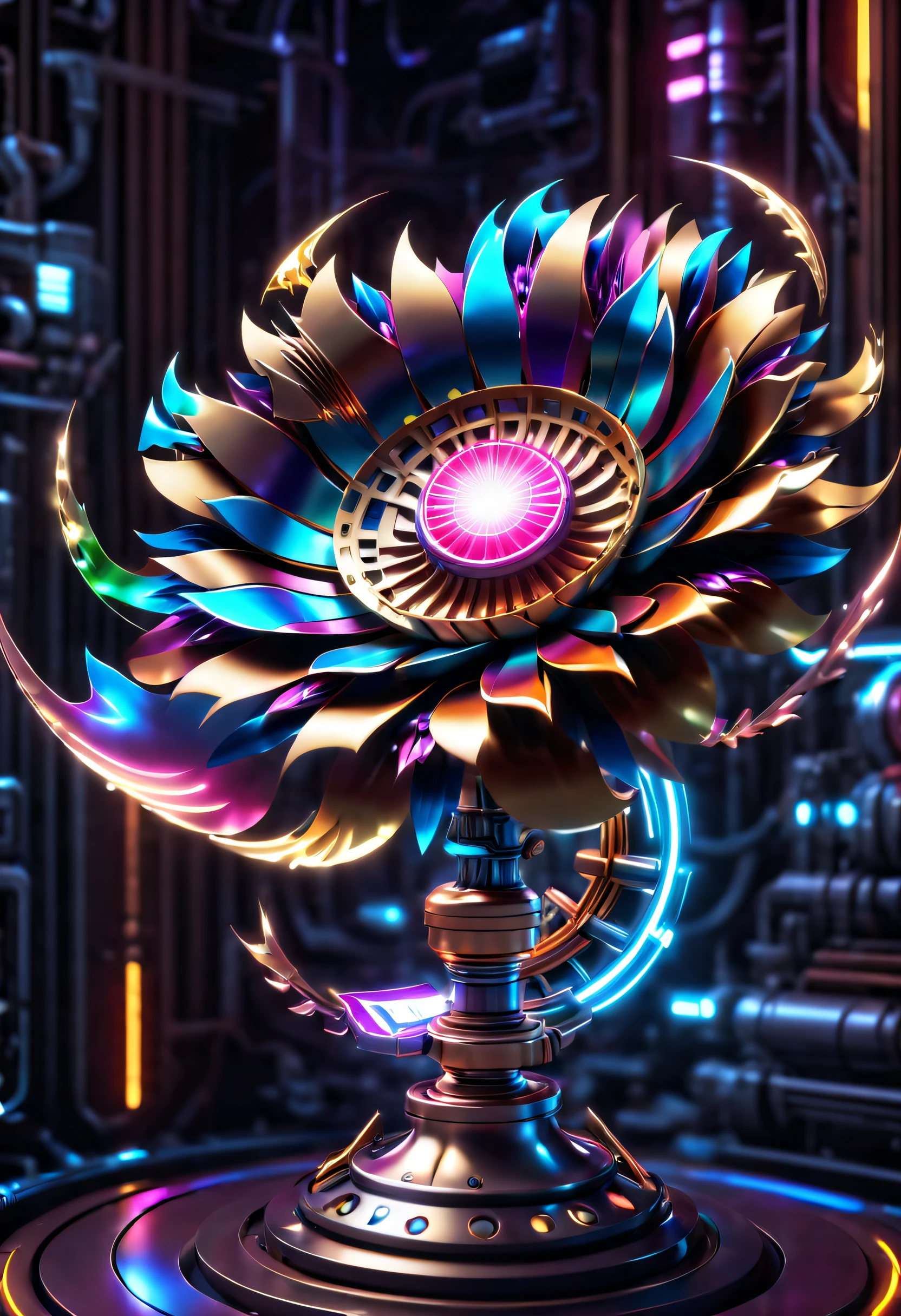 (No one: 1.5), metal flower made by Cybertron, (1 metal flower, Amarys flower made with future transparent Vibranium: 1.3), Vibranium metal flower, colorful neon lights, high-tech mechanical parts, metal body, Detailed Vibranium flower design, vibrant colors, dynamic glowing metal flower, reflective metal surface, ambient lighting, dynamic poses, delicate presence, technological advancement, interlocking mechanical gears, stylish design, motion blur effect, detailed metal mechanics craftsmanship, sci-fi atmosphere, streamlined aerodynamic shape, laser scan pattern, holographic projection, LED light track, beautiful and unforgettable, advanced sensors, complex algorithms, ominous and mysterious atmosphere, electric sparks, shiny chrome, futuristic Propulsion System, (Best Quality, 8K, High Resolution, Masterpiece: 1.2), Ultra Detailed, yugioh, IvoryGoldAI