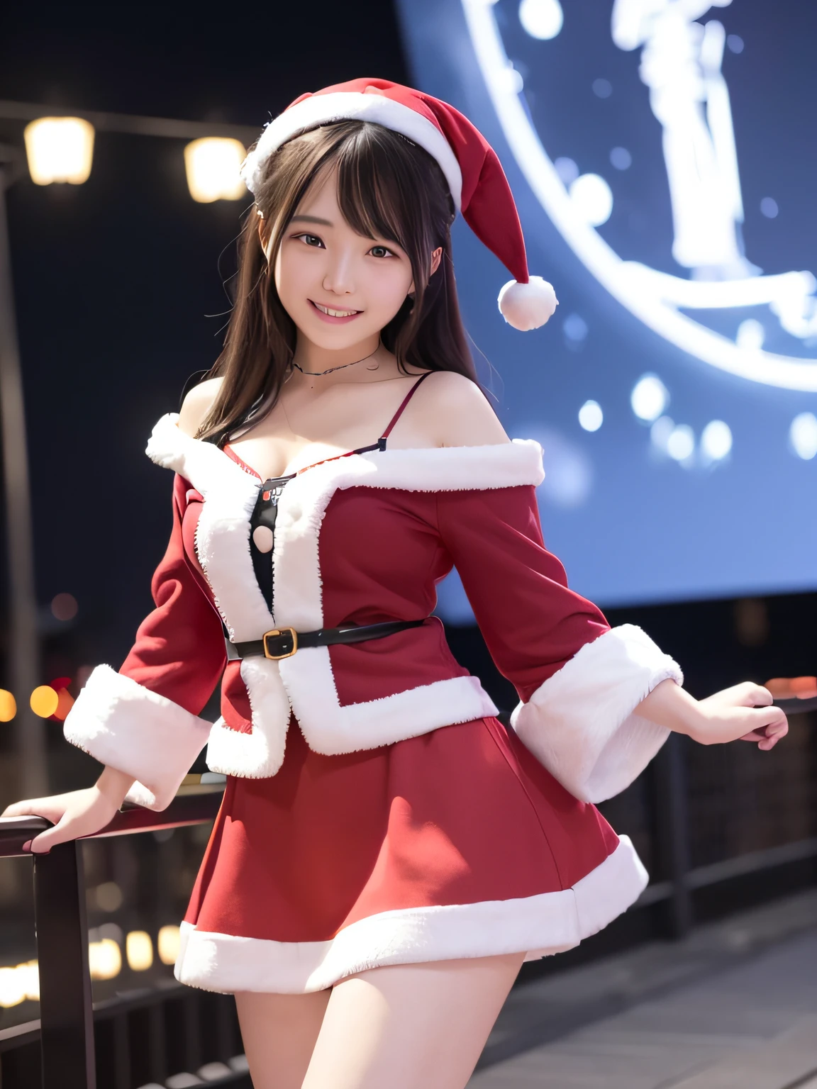 (Raw photo:1.2), (Photorealistic), Beautiful detailed girl, Very detailed eyes and face, Beautiful detailed eyes, Huge file size, High resolution, Very detailed, Best Quality, [masutepiece:1.6], Illustration, Very detailed, Fine detail, Best Quality, 8K Wallpaper, Movie Lighting, female student, Ghibli style illustration, santa claus style coat, Santa Claus hat, Underwear, White bra, white  panties, A  walking down the street in her underwear, Ghibli style 4K, Cute little girl s, Ghipe,