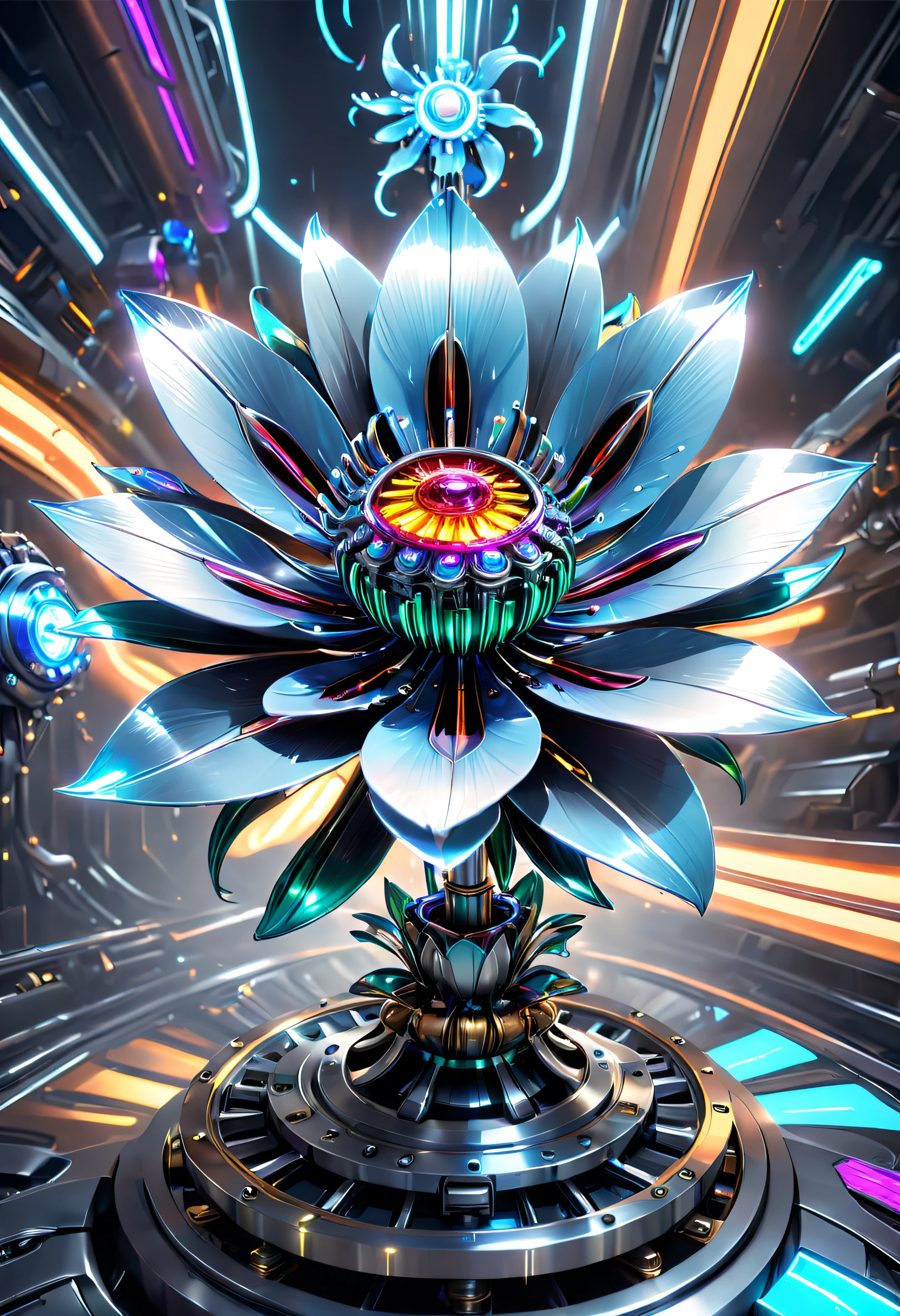 (No one: 1.5), metal flower made by Cybertron, (1 metal flower, Amarys flower made with future transparent Vibranium: 1.3), Vibranium metal flower, colorful neon lights, high-tech mechanical parts, metal body, Detailed Vibranium flower design, vibrant colors, dynamic glowing metal flower, reflective metal surface, ambient lighting, dynamic poses, delicate presence, technological advancement, interlocking mechanical gears, stylish design, motion blur effect, detailed metal mechanics craftsmanship, sci-fi atmosphere, streamlined aerodynamic shape, laser scan pattern, holographic projection, LED light track, beautiful and unforgettable, advanced sensors, complex algorithms, ominous and mysterious atmosphere, electric sparks, shiny chrome, futuristic Propulsion System, (Best Quality, 8K, High Resolution, Masterpiece: 1.2), Ultra Detailed, yugioh