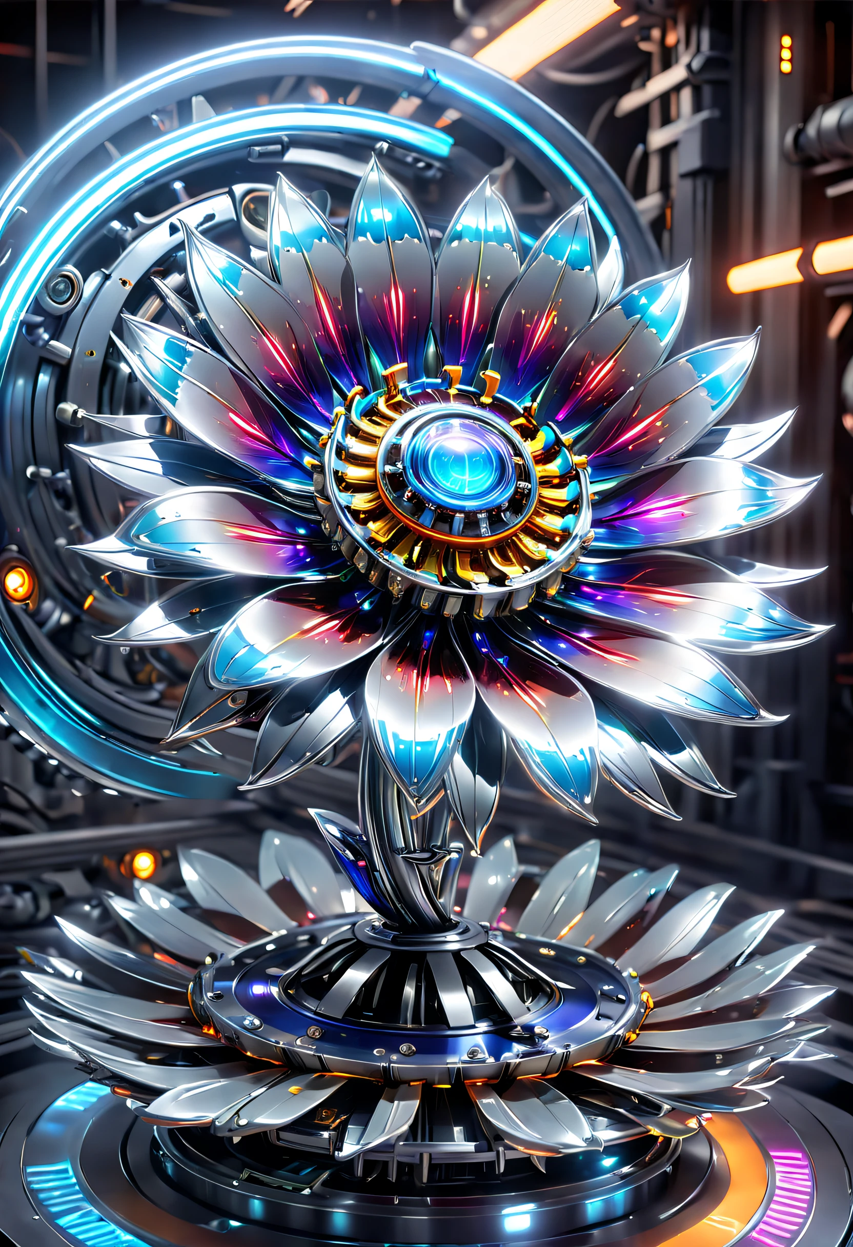 (No one: 1.5), metal flower made by Cybertron, (1 metal flower, Amarys flower made with future transparent Vibranium: 1.3), Vibranium metal flower, colorful neon lights, high-tech mechanical parts, metal body, Detailed Vibranium flower design, vibrant colors, dynamic glowing metal flower, reflective metal surface, ambient lighting, dynamic poses, delicate presence, technological advancement, interlocking mechanical gears, stylish design, motion blur effect, detailed metal mechanics craftsmanship, sci-fi atmosphere, streamlined aerodynamic shape, laser scan pattern, holographic projection, LED light track, beautiful and unforgettable, advanced sensors, complex algorithms, ominous and mysterious atmosphere, electric sparks, shiny chrome, futuristic Propulsion System, (Best Quality, 8K, High Resolution, Masterpiece: 1.2), Ultra Detailed, yugioh