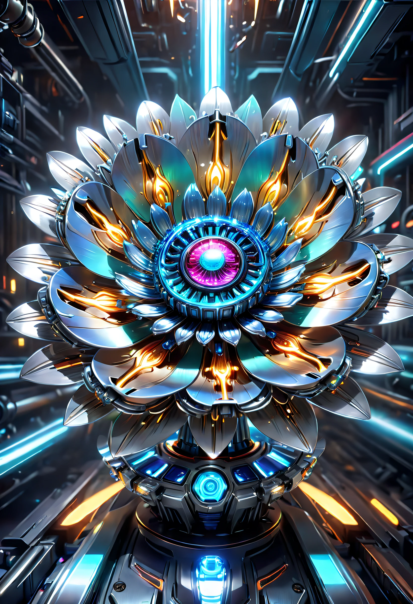 (No one: 1.5), metal flower made by Cybertron, (1 metal flower, Amarys flower made with future transparent Vibranium: 1.3), Vibranium metal flower, colorful neon lights, high-tech mechanical parts, metal body, Detailed Vibranium flower design, vibrant colors, dynamic glowing metal flower, reflective metal surface, ambient lighting, dynamic poses, delicate presence, technological advancement, interlocking mechanical gears, stylish design, motion blur effect, detailed metal mechanics craftsmanship, sci-fi atmosphere, streamlined aerodynamic shape, laser scan pattern, holographic projection, LED light track, beautiful and unforgettable, advanced sensors, complex algorithms, ominous and mysterious atmosphere, electric sparks, shiny chrome, futuristic Propulsion System, (Best Quality, 8K, High Resolution, Masterpiece: 1.2), Ultra Detailed, yugioh