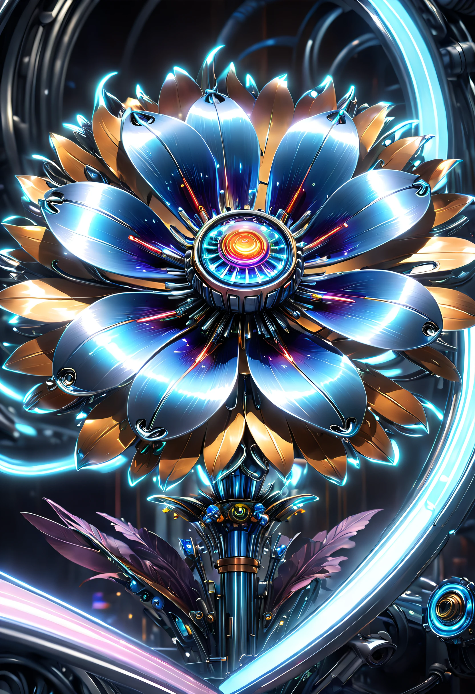 (No one: 1.5), metal flower made by Cybertron, (1 metal flower, Amarys flower made with future transparent Vibranium: 1.3), Vibranium metal flower, colorful neon lights, high-tech mechanical parts, metal body, Detailed Vibranium flower design, vibrant colors, dynamic glowing metal flower, reflective metal surface, ambient lighting, dynamic poses, delicate presence, technological advancement, interlocking mechanical gears, stylish design, motion blur effect, detailed metal mechanics craftsmanship, sci-fi atmosphere, streamlined aerodynamic shape, laser scan pattern, holographic projection, LED light track, beautiful and unforgettable, advanced sensors, complex algorithms, ominous and mysterious atmosphere, electric sparks, shiny chrome, futuristic Propulsion System, (Best Quality, 8K, High Resolution, Masterpiece: 1.2), Ultra Detailed, yugioh